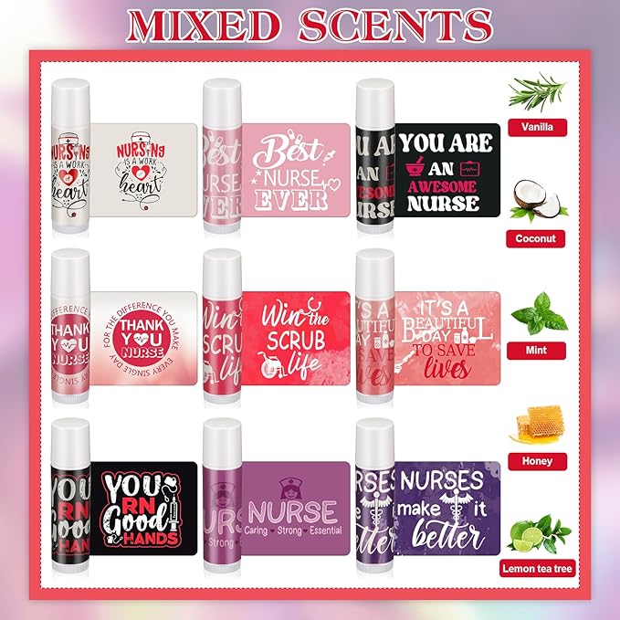 72 Sets Nurse Appreciation Gifts Bulk Nurse Week Gifts Lip Balm Party Gifts Thank you Inspirational Gifts with Gift Bag and Card for Nurse Day CNA Week Nursing Assistant Dental, 9 Styles