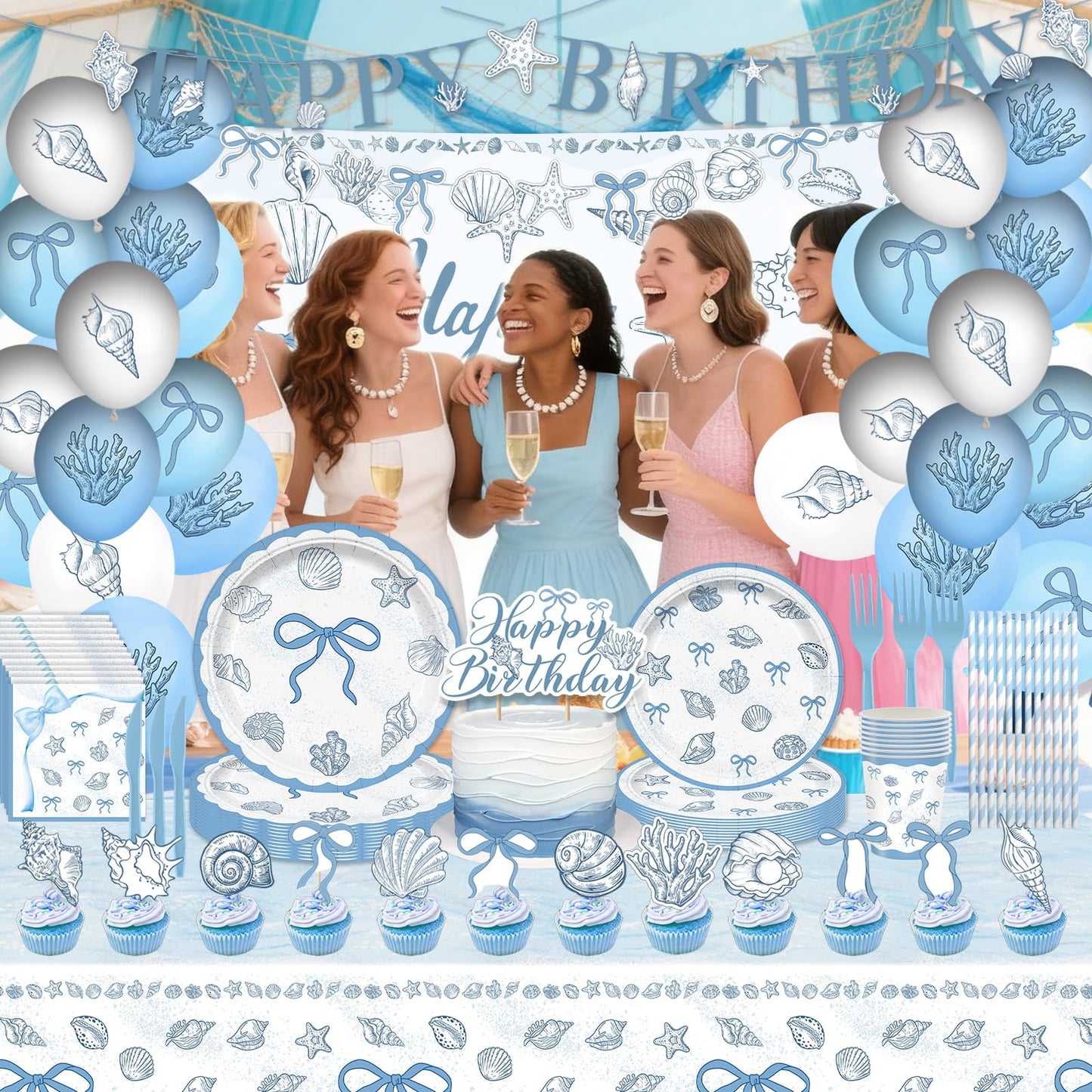 Seashell Birthday Party Decorations Include Balloons-Cake Topper-Cupcake Toppers-Banner-Backdrop-Plates-Beach Tablecloth-Napkins-Cups-Straw and Cutlery for The Summer I Turned Pretty Party Decor