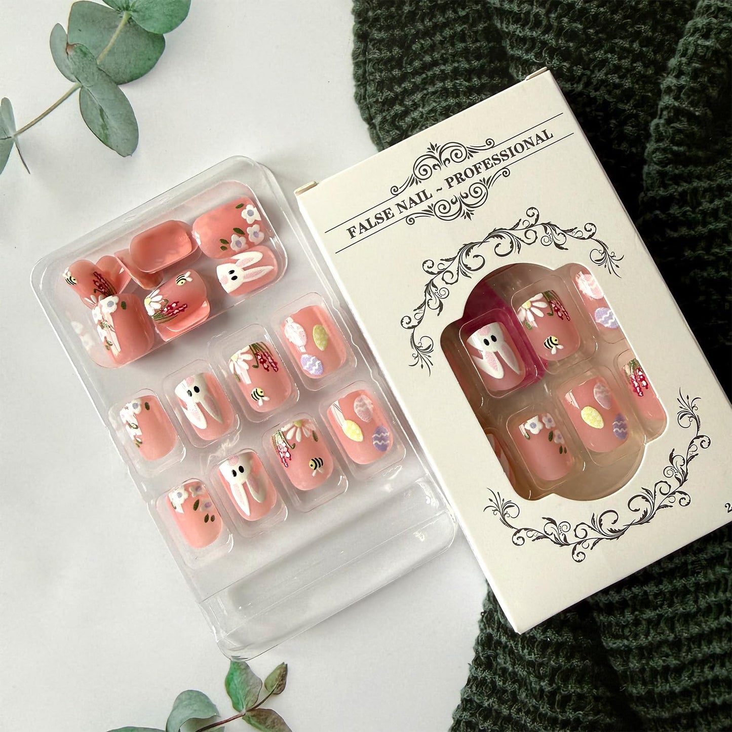 Easter Press on Nails Short Square Fake Nails with Cartoon Easter Bunny Eggs Design Glossy Pink Nail Press ons Cute Flower Bee False Nails Spring Summer Glue on Nails for Women 24Pcs