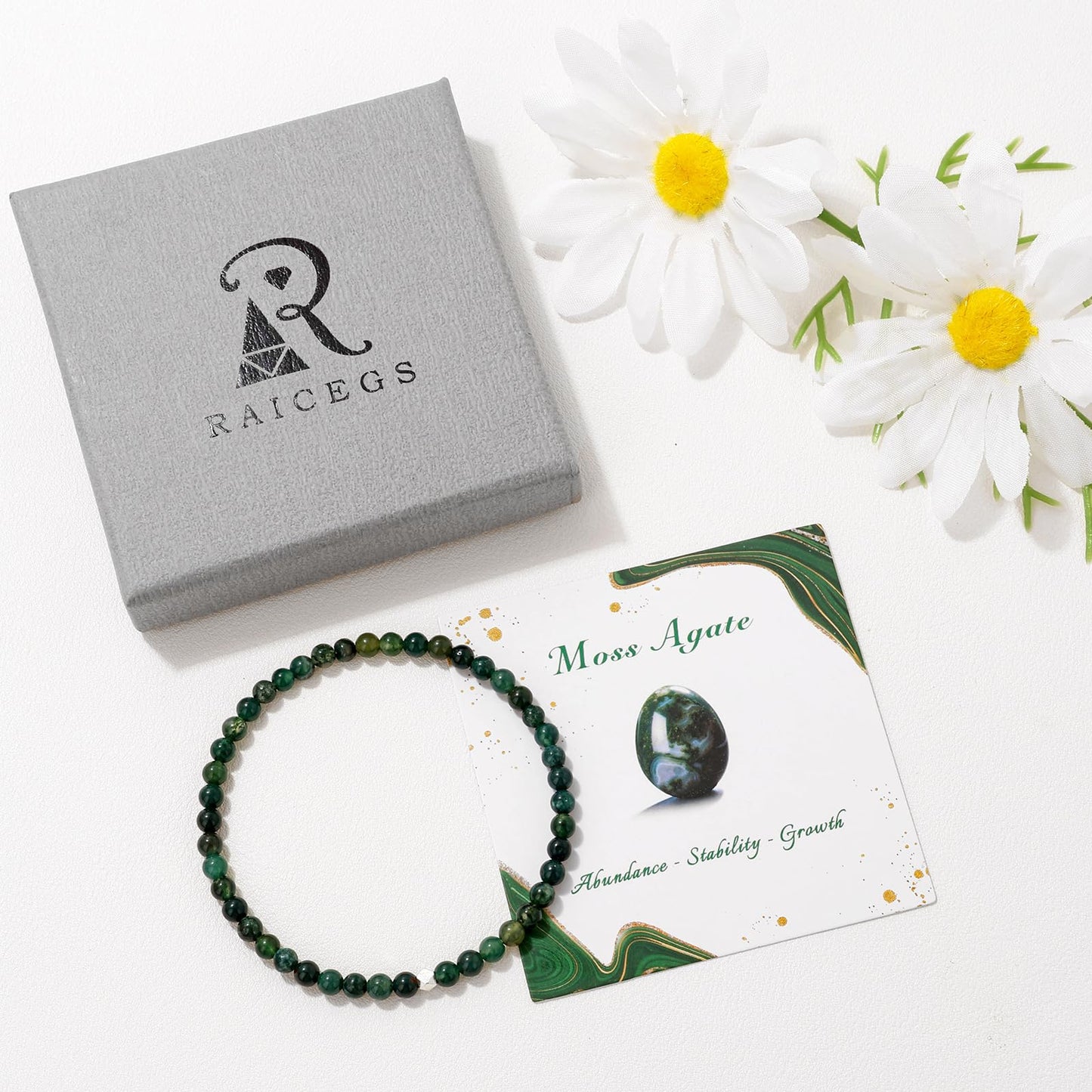 Raicegs 4MM Moss Agate Beaded Bracelets Healing Crystal Bracelet for Women Men Natural Stone Handmade Stretch Bracelet Reiki Spiritual Jewelry