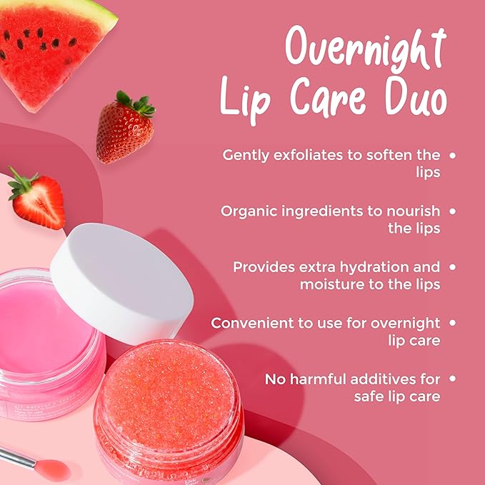 Watermelon Sugar Lip Scrub for Dry, 6-in-1 Lip Care Kit With Lip Sleeping Mask and Silicone Brush, Sugar Scrub, Sheet Mask to Reveal Luscious
