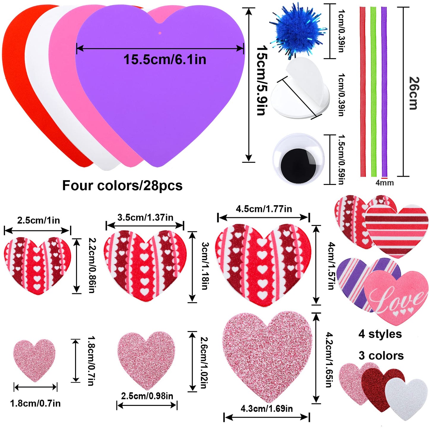 JULBEAR 700 Pcs Valentine's Day Foam Heart Ornaments Craft DIY Kit with Foam Hearts Self-Adhesive Stickers Glitter Pom-poms Wiggle Googly Eyes Satin Cords for Kids Valentine Decoration Craft Supplies