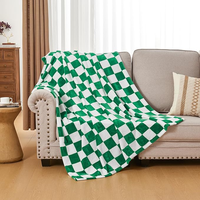 SOCHOW Checkered Flannel Throw Blanket, Soft Cozy Checkerboard Grid Pattern Fleece Blanket for Couch Bed Sofa, Pine Green 50 x 60 Inches