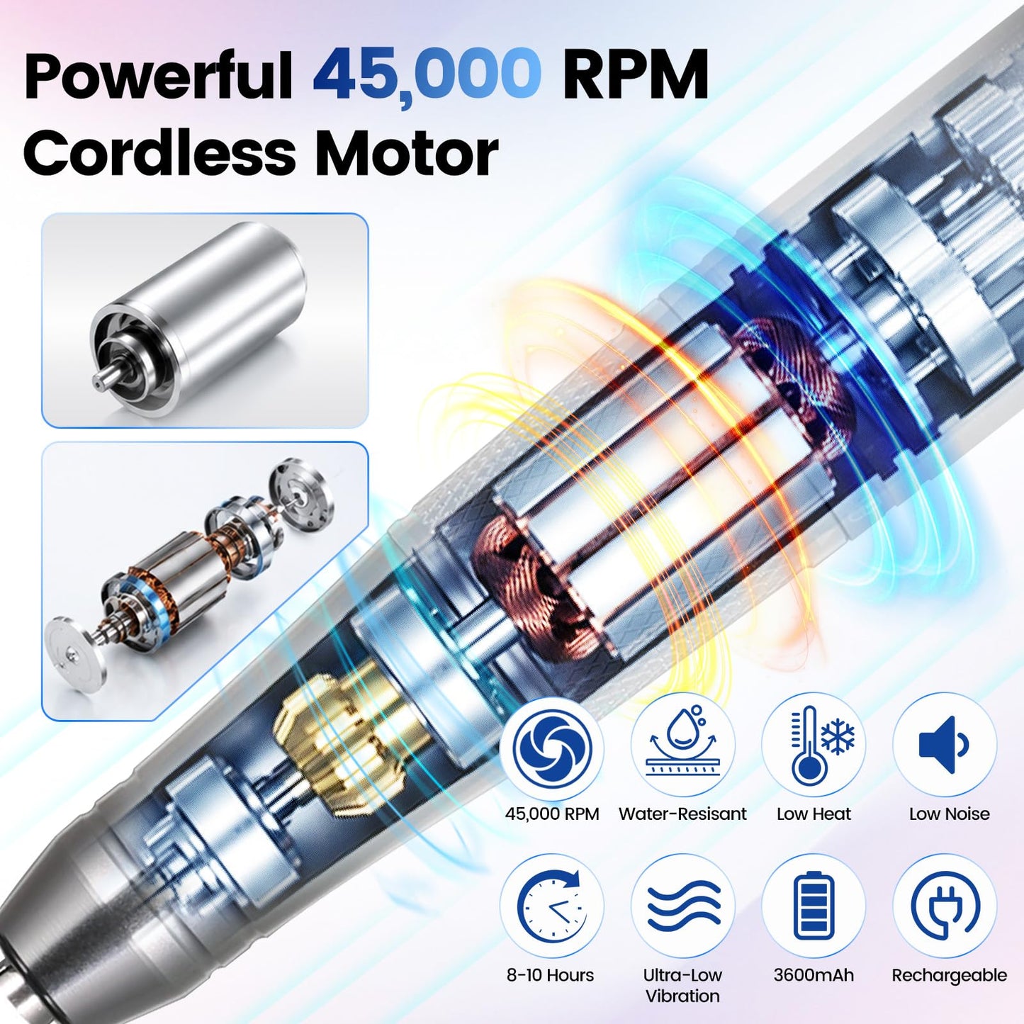 YSC Electric Nail Drill - 45000RPM Rechargeable Efile with Coreless Motor, Waterproof Nail Drill for Acrylic Nails, Portable Efile Kit for Home Salon Manicure Pedicure, Low Noise & Vibration White