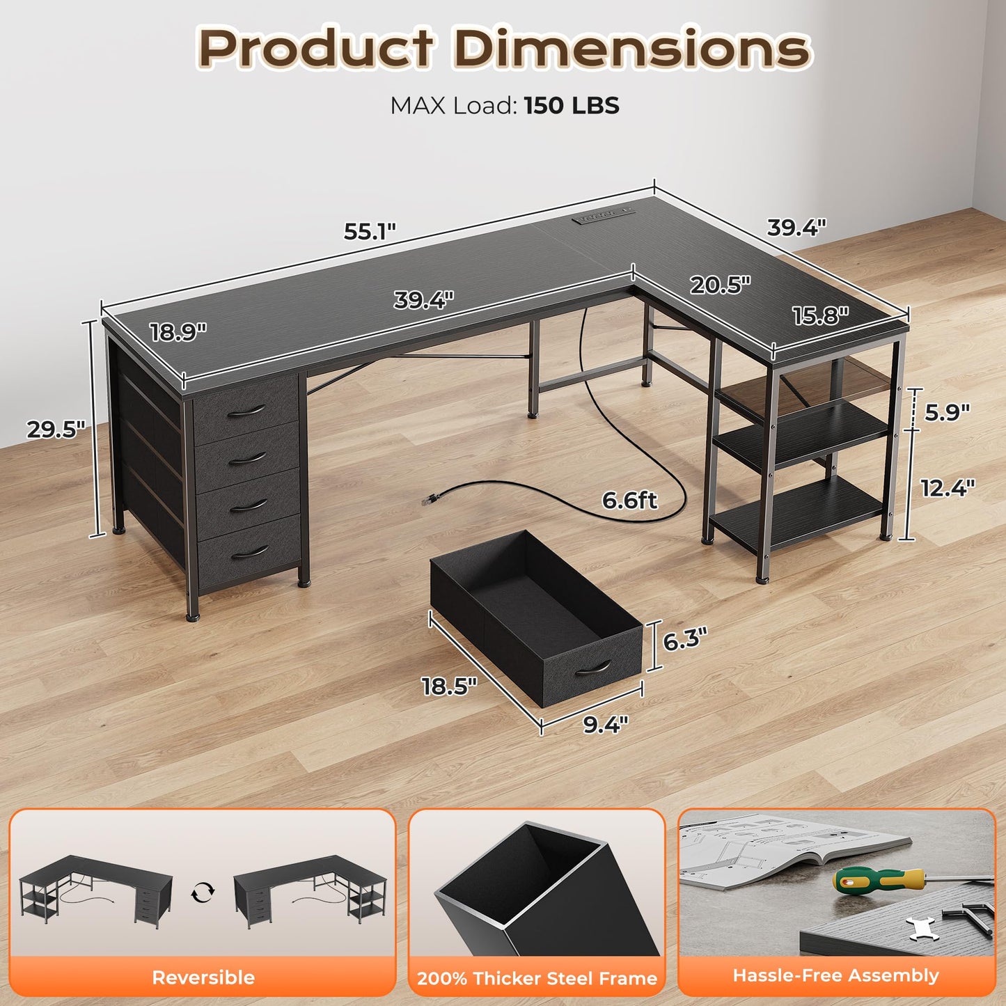 Huuger 55 Inch L Shaped Desk with Fabric Drawers, Reversible Computer Gaming Desk with Power Outlets and USB-C Port, Adjustable Side Storage Shelves, for Work Study Corner Home Office, Black