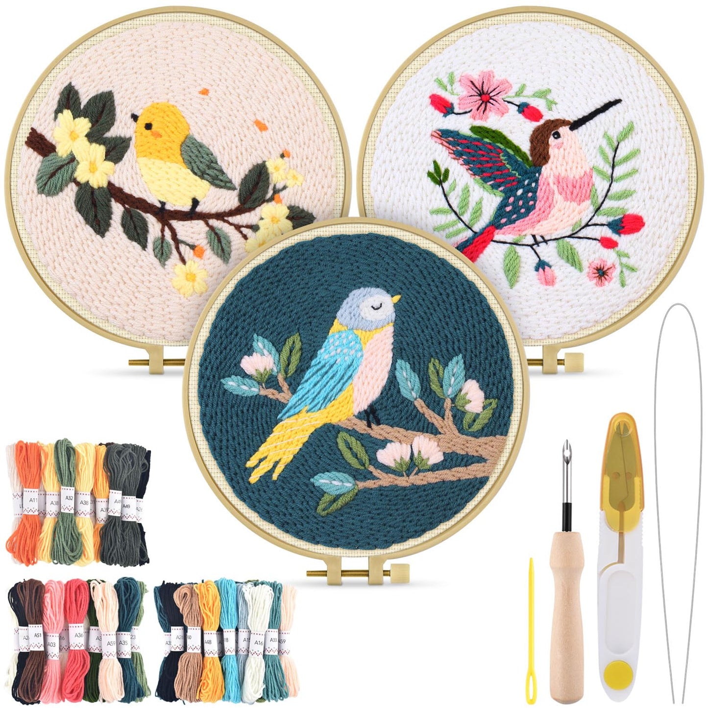 TINDTOP 3 Sets Punch Needle Kits, Panda Punch Embroidery Kits for Adults Beginner, Tool with Punch Needle Fabric, Hoops, Yarns and Sewing Needles (Bird)