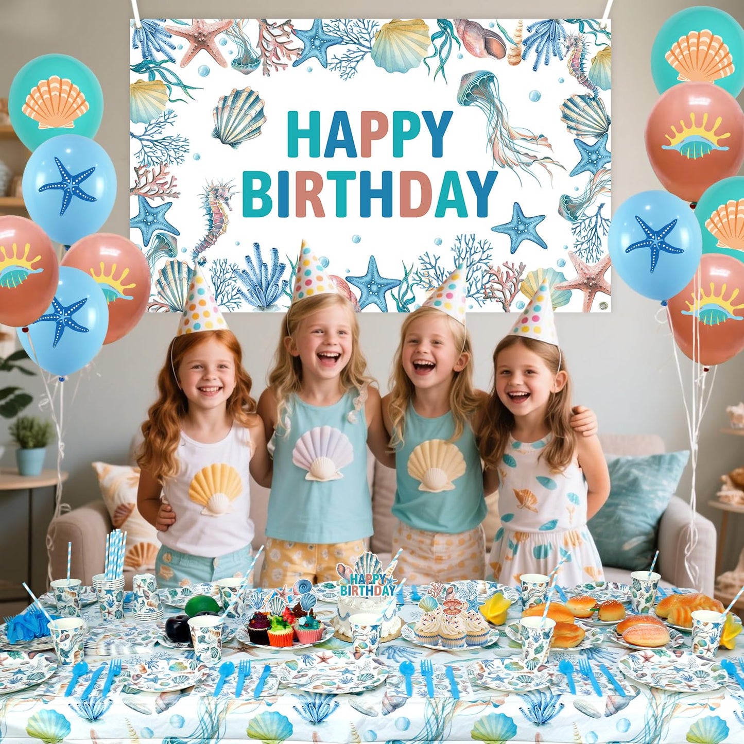 Obussgar Shells Birthday Party Decorations - Shells Party Supplies including Backdrop, Plate, Cake Topper, Cup, Napkin, Balloon, Tablecloth - Serves 20