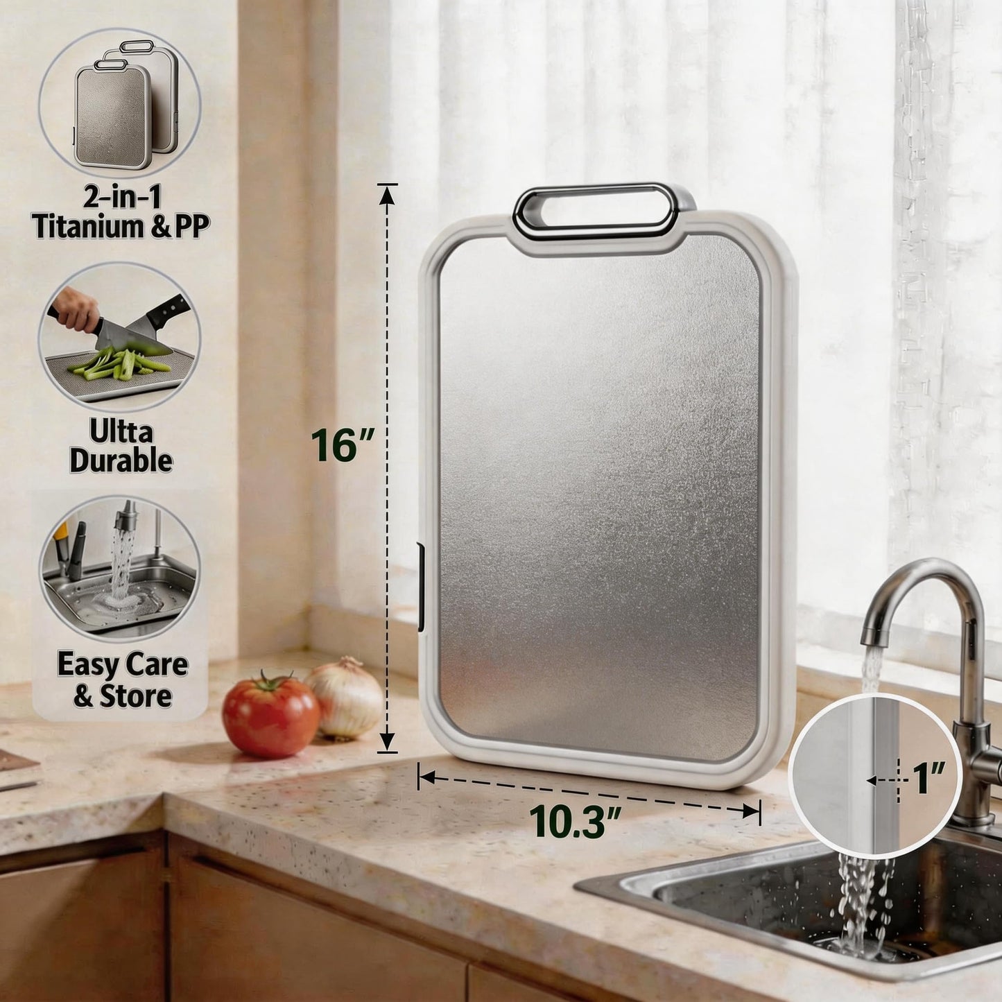 Titanium Cutting Board – 100% Pure Titanium & Food-Safe PP Surface (16"x10.3") – 2-in-1 Chopping Board for Raw Meat and Veggies, with Anti-Slip Feet, Juice Groove, Easy to Clean,Large Size 1 PCS
