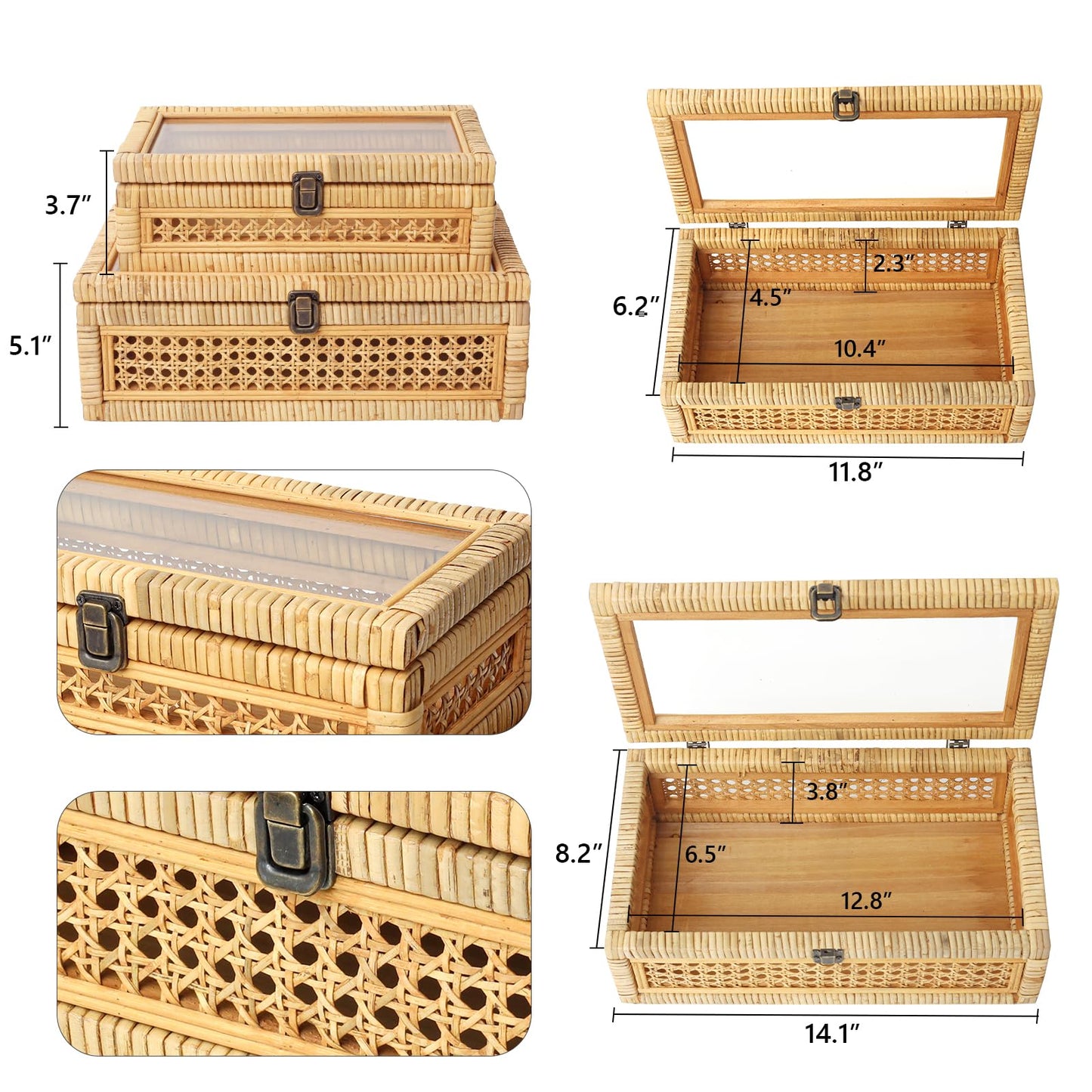 DECOR4SEASON Rattan and Cane Stacking Boxes with Glass Top Lid - Set of 2 for Boho, and Rustic Farmhouse Decor