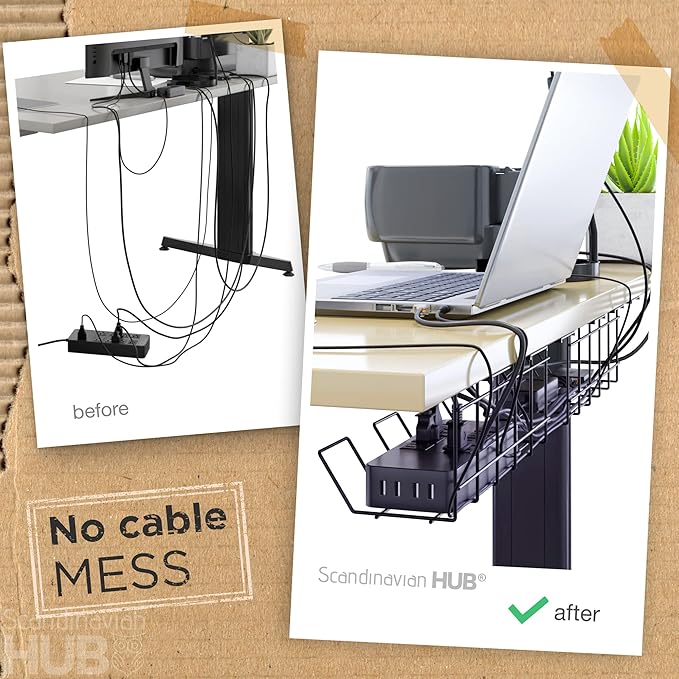 Compact Under Desk Cable Management Tray - Cable Organizer for Wire Management, Desk Wire Organizer, Cable Tray - Black Set of 2x12