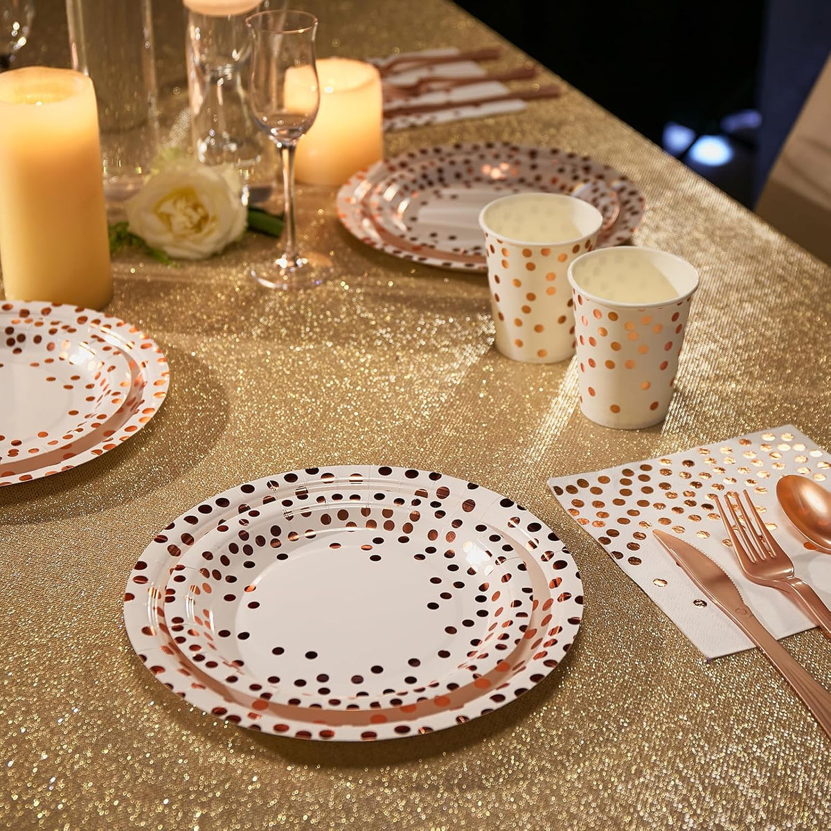 White and Rose Gold Party Supplies - 350 PCS Disposable Dinnerware Set - White Paper Plates Napkins Cups, Gold Plastic Forks Knives Spoon for Graduation, Birthday, Thanksgiving, Cocktail Party