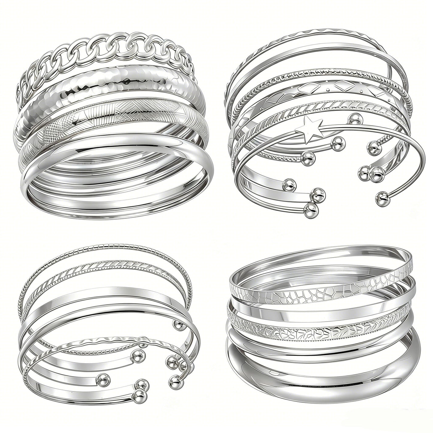 ÌF ME Gold Bangle Bracelets for Women, 19Pcs Multi Stackable Textured Bangles Set, 14K Gold Plated Chunky Bracelet Boho Jewelry Gifts(Silver)