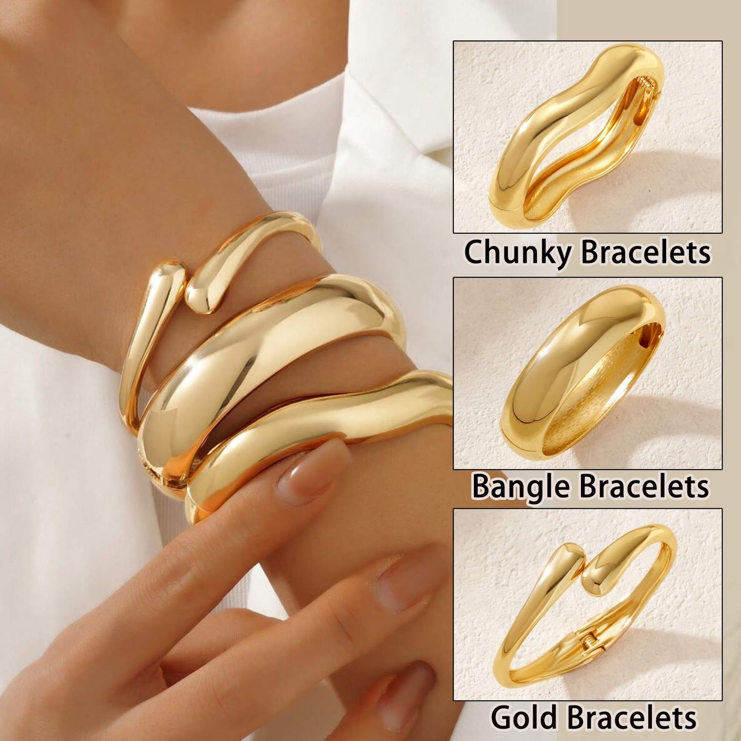 Chunky Gold Bangle Bracelets for Women, 14k Gold Plated Dainty Cuff Stackable Bangles Set, Trendy Bracelet Stack Fashion Jewelry Gifts (03-GOLD)