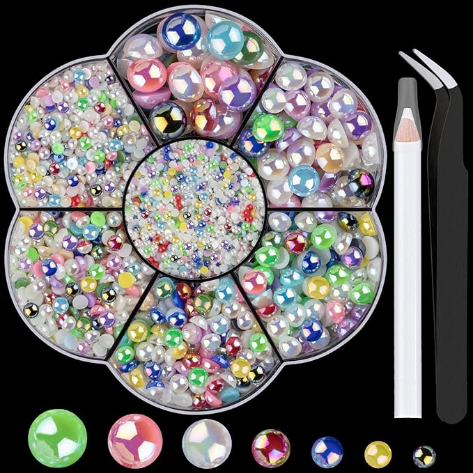 Nail Art Flat Back Half Round Pearl Kits 37, 1 Box of 6000 Pcs Flat-Back Colorful AB with Tweezer and Picker Pencil for Home DIY Nails Body Face Craft and Salon Use