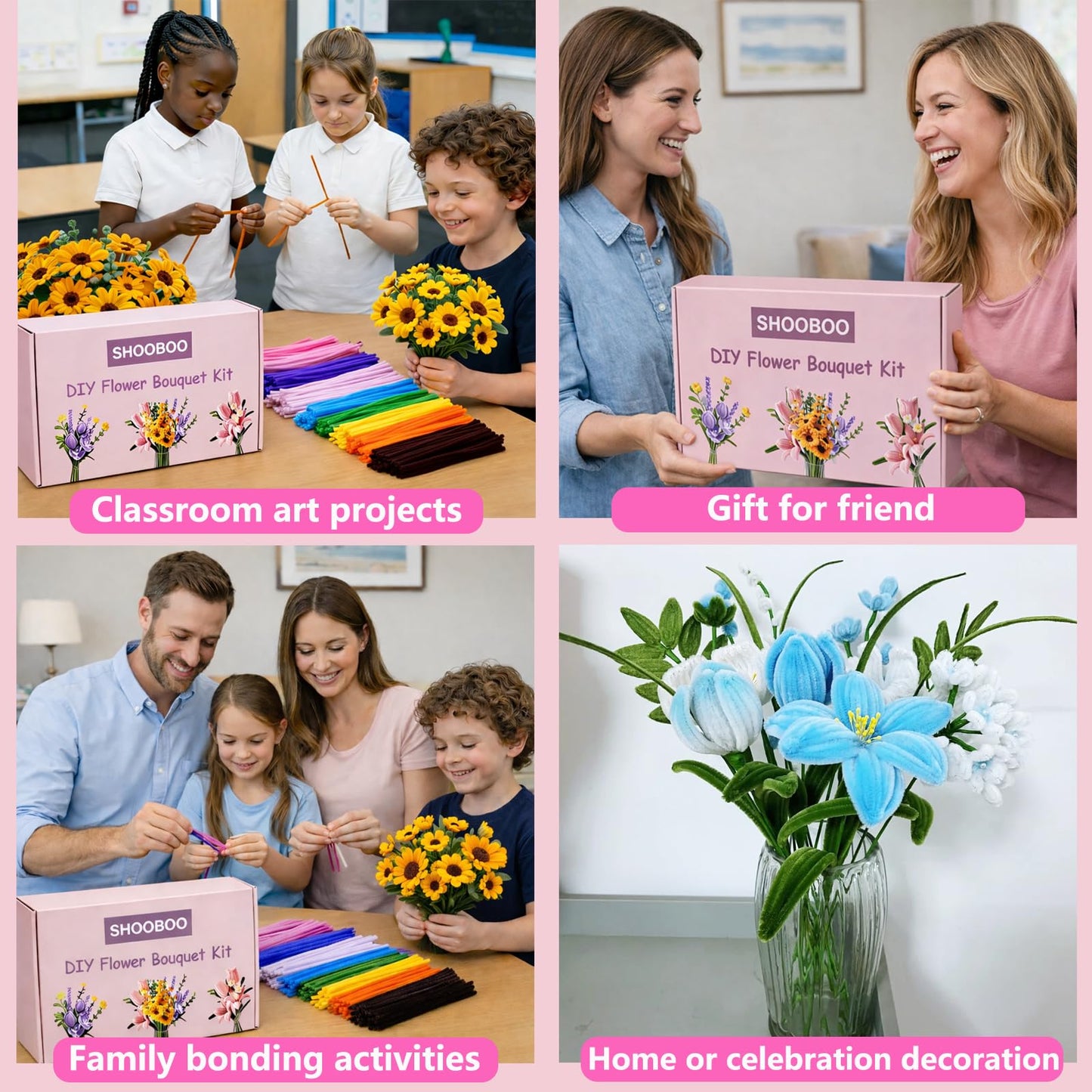 ShooBoo Pipe Cleaner Flower Kit, 700 PCS Pipe Cleaners Craft with 14 Flower Designs Step-by-Step Instruction Guide, 14 Colors Chenille Stems Flower Making Kit with Floral Stems,DIY Craft Supplies