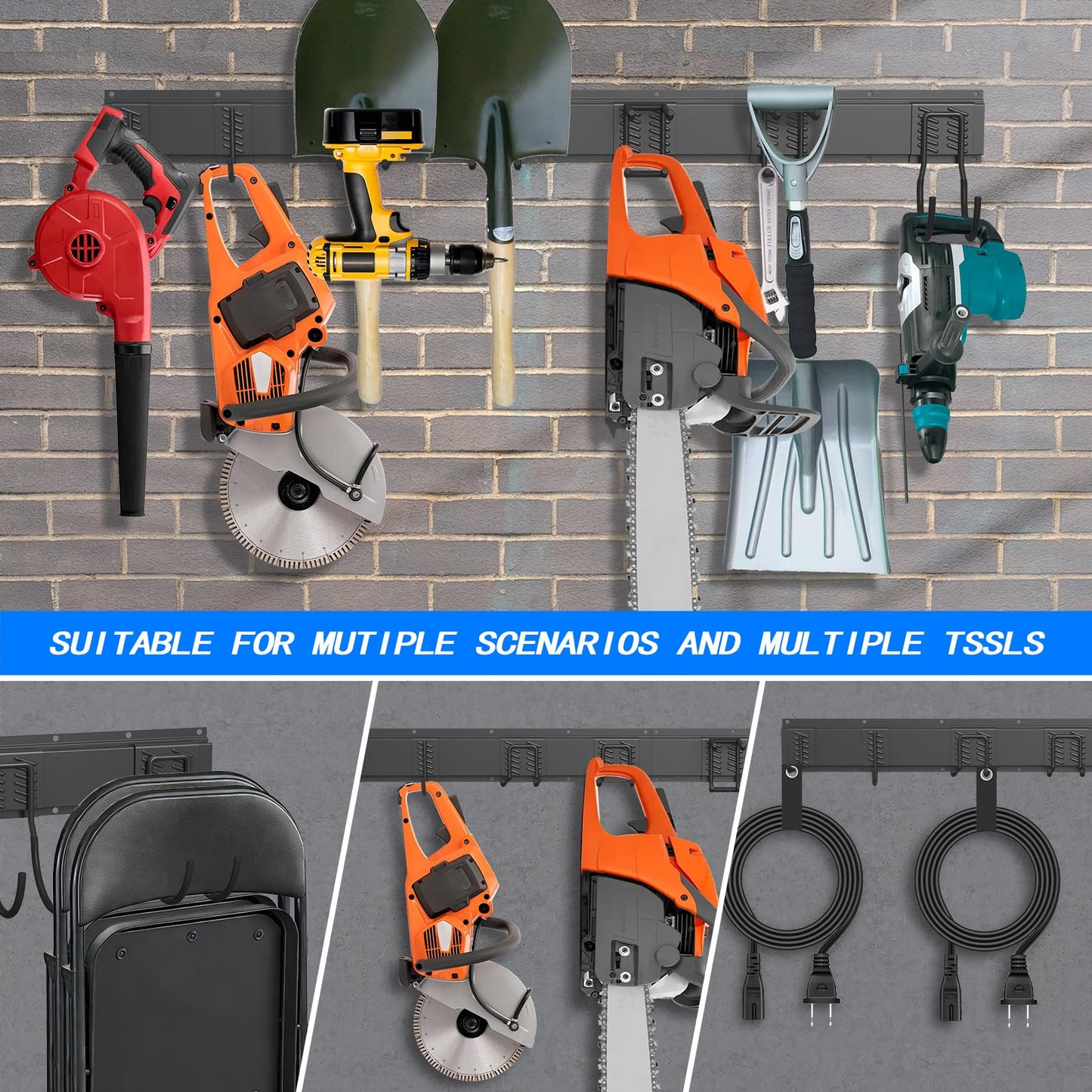 CBWLWJ Garage Tool Organizer Wall Mount, 64 inch Garage Wall Organizer, 680lbs Sturdy Garden Tool Organizer with 12 Adjustable Hooks, for Yard, Shed, Basement, Workshop(Black)