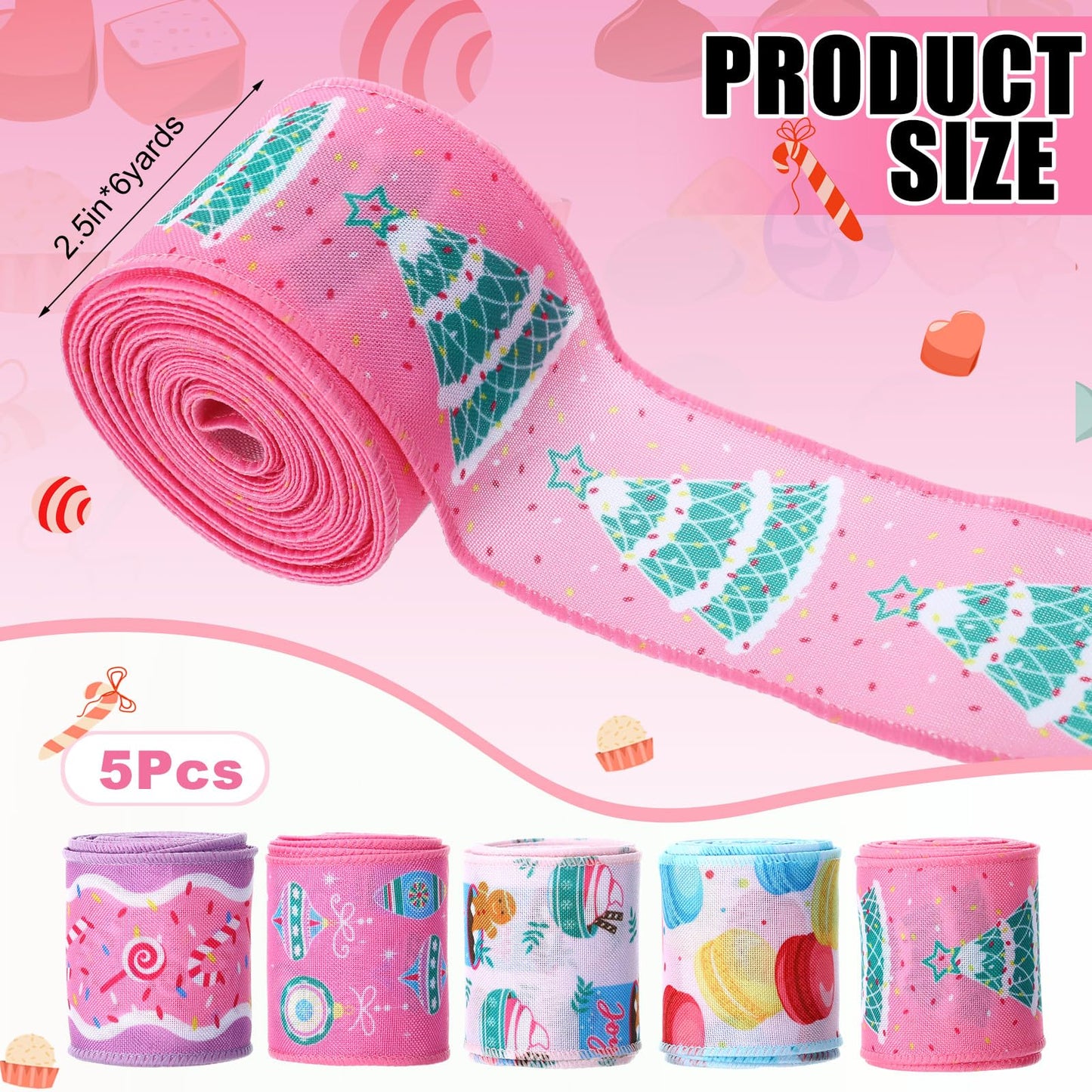 5 Roll 30 Yard Pink Christmas Candy Ribbon Wired 2.5 in Fabric Candy Pastel Christmas Wired Edge Ribbon for Xmas Tree Decorations, Gift Wrapping Wreath DIY Making Bow Crafts