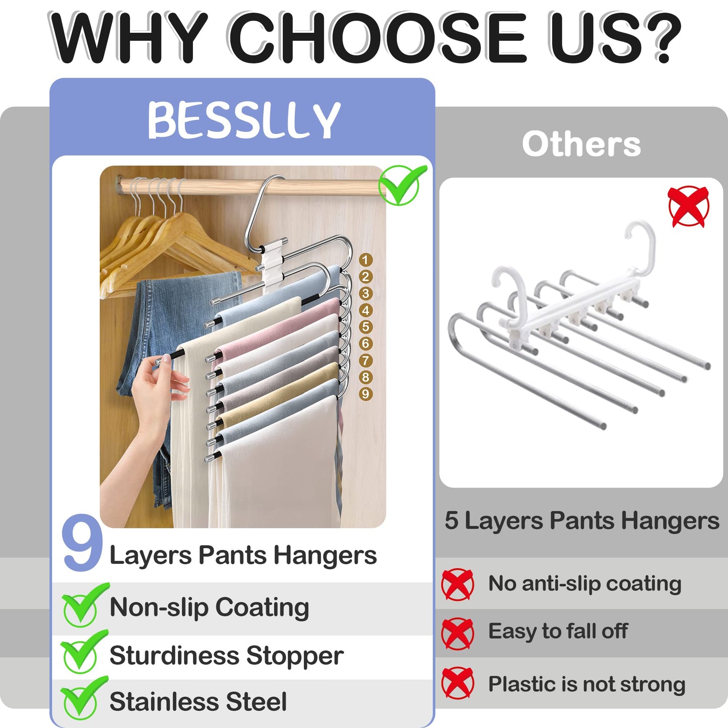 9 Layers Pants Hangers Space Saving, 2 Pack Multifunctional Pant Rack Stainless Steel Closet Organizer for Pants Jeans Leggings Trousers, Antiquewhite