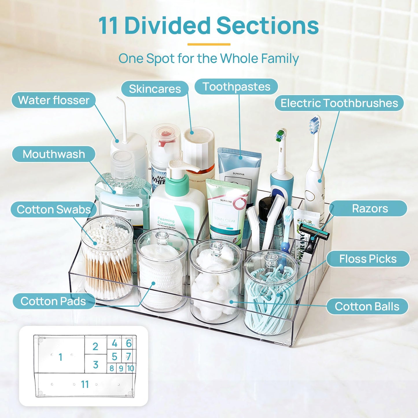 Vtopmart 5 PCS Bathroom Countertop Organizer, 1 Divided Tray with 4 Qtip Holder Jars, Restroom Clear Organizers for Toothbrush, Cotton Pads Balls, Floss, Bathroom Vanity Accessories Storage Set