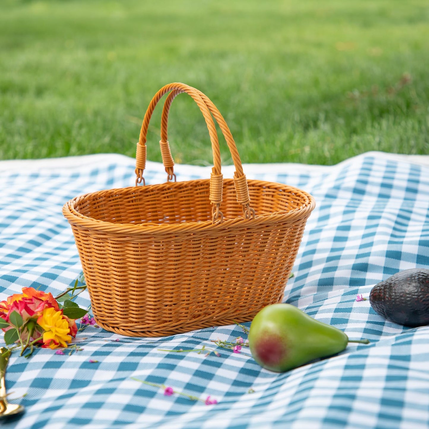 Rattan Picnic Basket with Handle, Garden Harvest Basket, Gathering Storage for Vegetable Fruit, Easter 13" x 9" x5.5" (Rattan, 13"x9"x5.5")