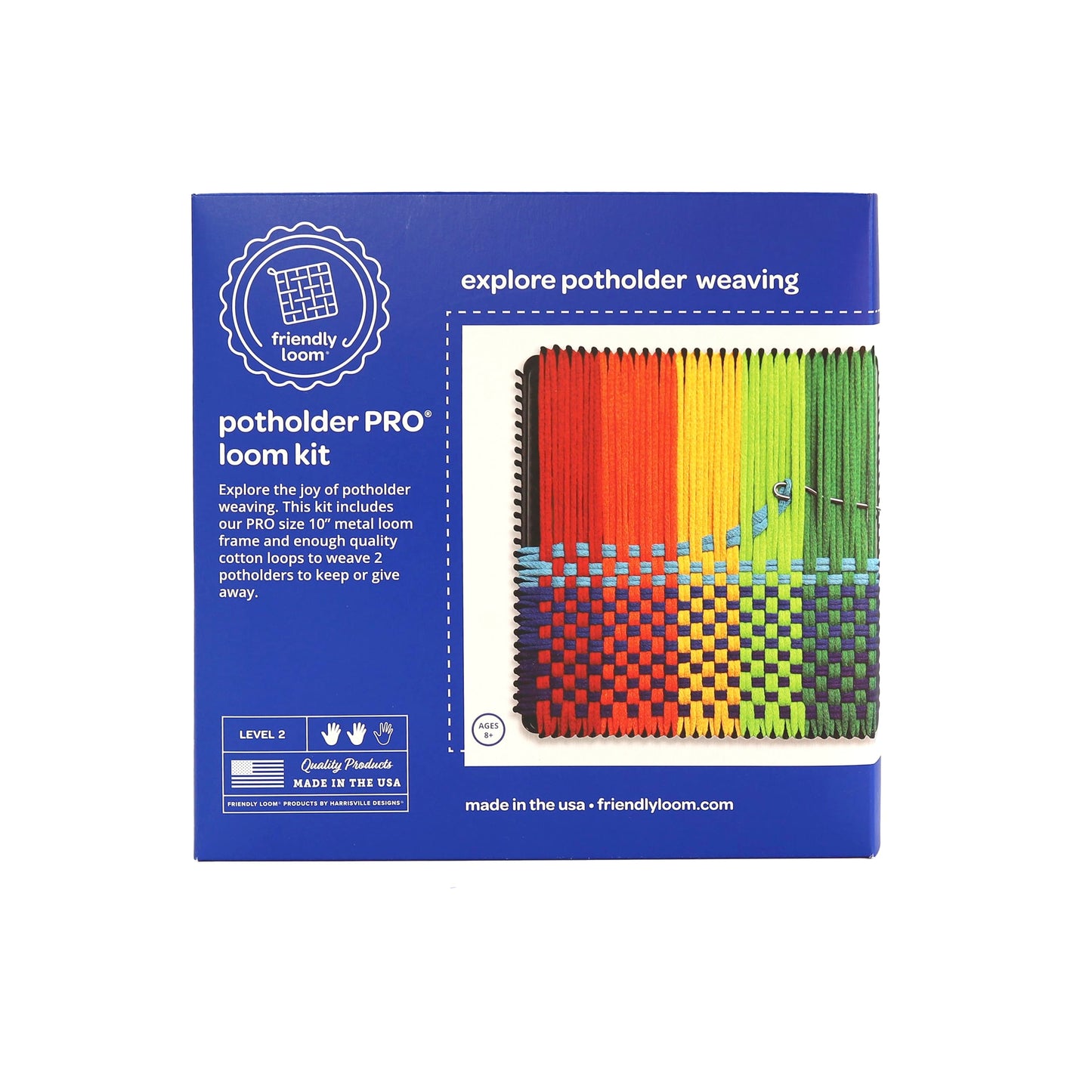 Harrisville Designs Friendly Loom Potholder Pro Weaving Kit | 10”x10” Sturdy Metal Loom and Quality Cotton Weaving Loops | Complete Kit to Weave 2 Large, Durable Potholders | Made in the USA