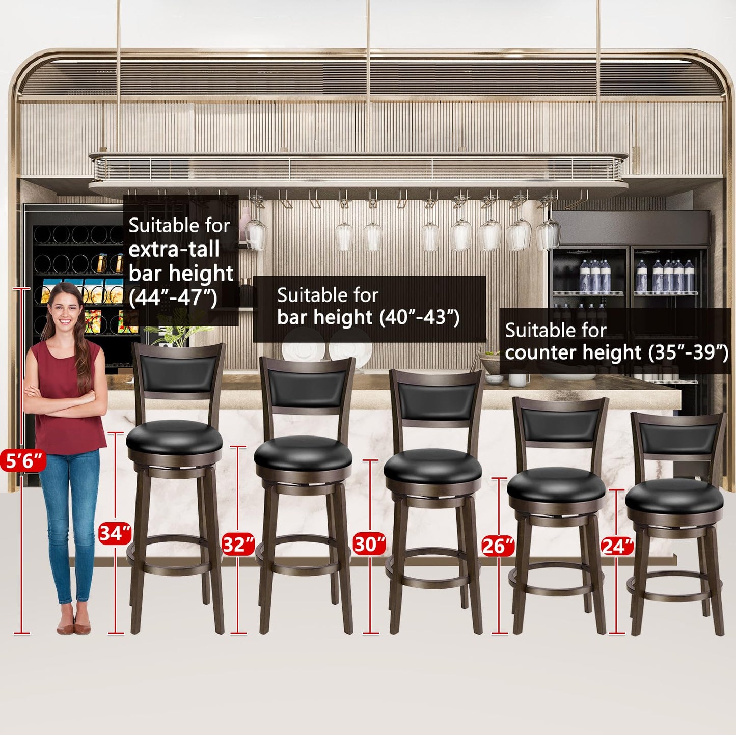 PrimeZone Swivel Bar Stools Set of 2, 24 Inch Counter Height Barstools, Black Faux Leather Bar Stool with High Backrest & Solid Wood Legs & Wrap-around Footrest, Counter Stools for Kitchen Island, Pub