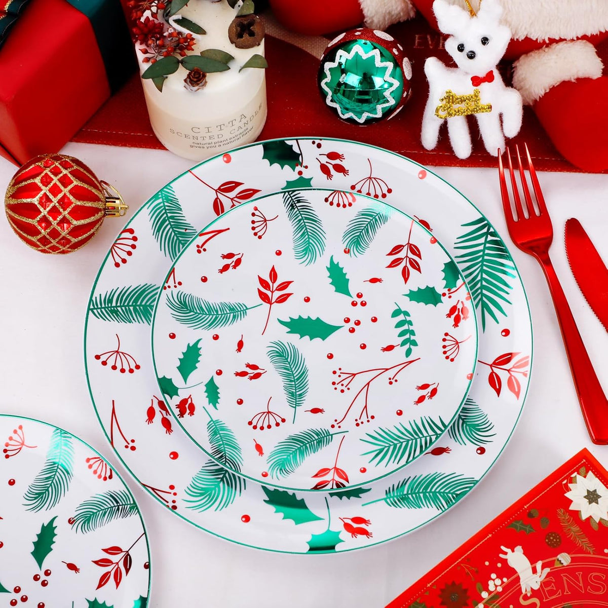 NOCCUR 60PCS Christmas Disposable Plates - Green & Red Plastic Dinner Plates, 30 Dinner & 30 Salad Plates - Pine Needle & Berry Design, Heavy Duty for Christmas Parties