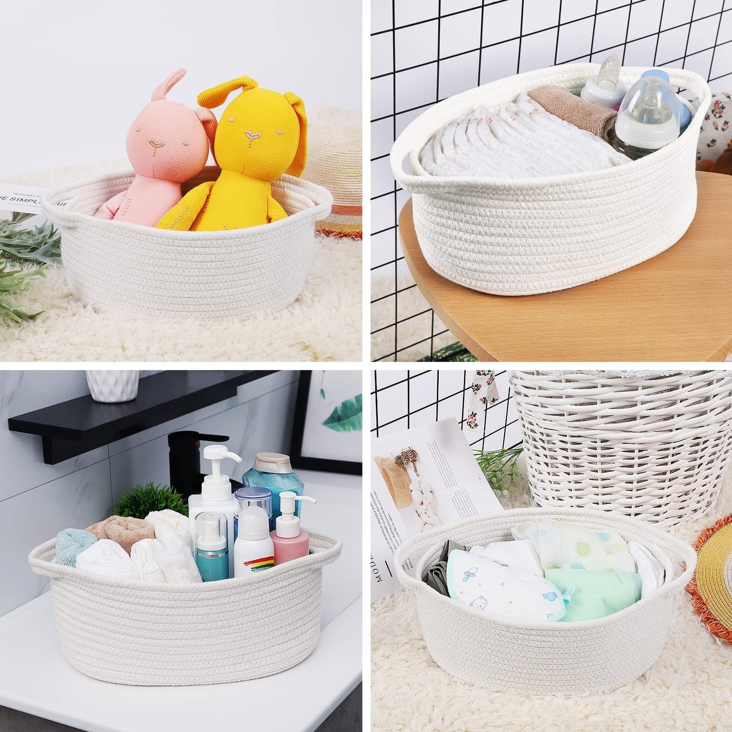 ABenkle Small Basket with Handles, Boho Decorative Rope Woven Dog Cat Toy Storage Bin Shelf Storage Organizer, Easter Christmas Gift Basket, 12"x8"x5", White