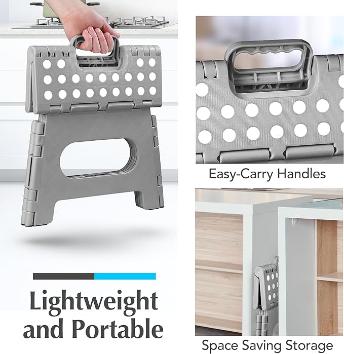 Handy Laundry Folding Lightweight Step Stool - Sturdy Enough to Support Adults and Safe Enough for Kids - Opens Easy with One Flip - Great for Kitchen, Bathroom or Bedroom (Grey - 8 Inch)