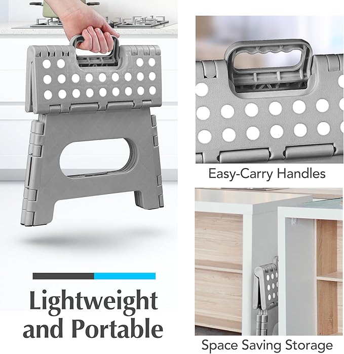 Handy Laundry Folding Lightweight Step Stool - Sturdy Enough to Support Adults and Safe Enough for Kids - Opens Easy with One Flip - Great for Kitchen, Bathroom or Bedroom (Grey - 9 Inch)
