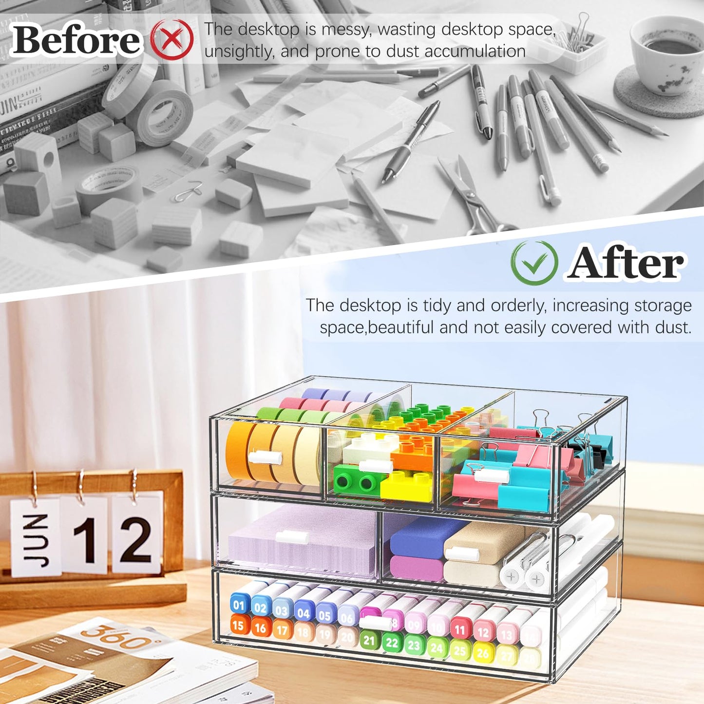 3 Tier Stackable Desk Organizer with 6 Drawers, YOCOMEY Plastic Desktop Storage Box Drawers, Detachable Makeup Storage Office Stationery Supplies Organizer for Office School (All Clear)