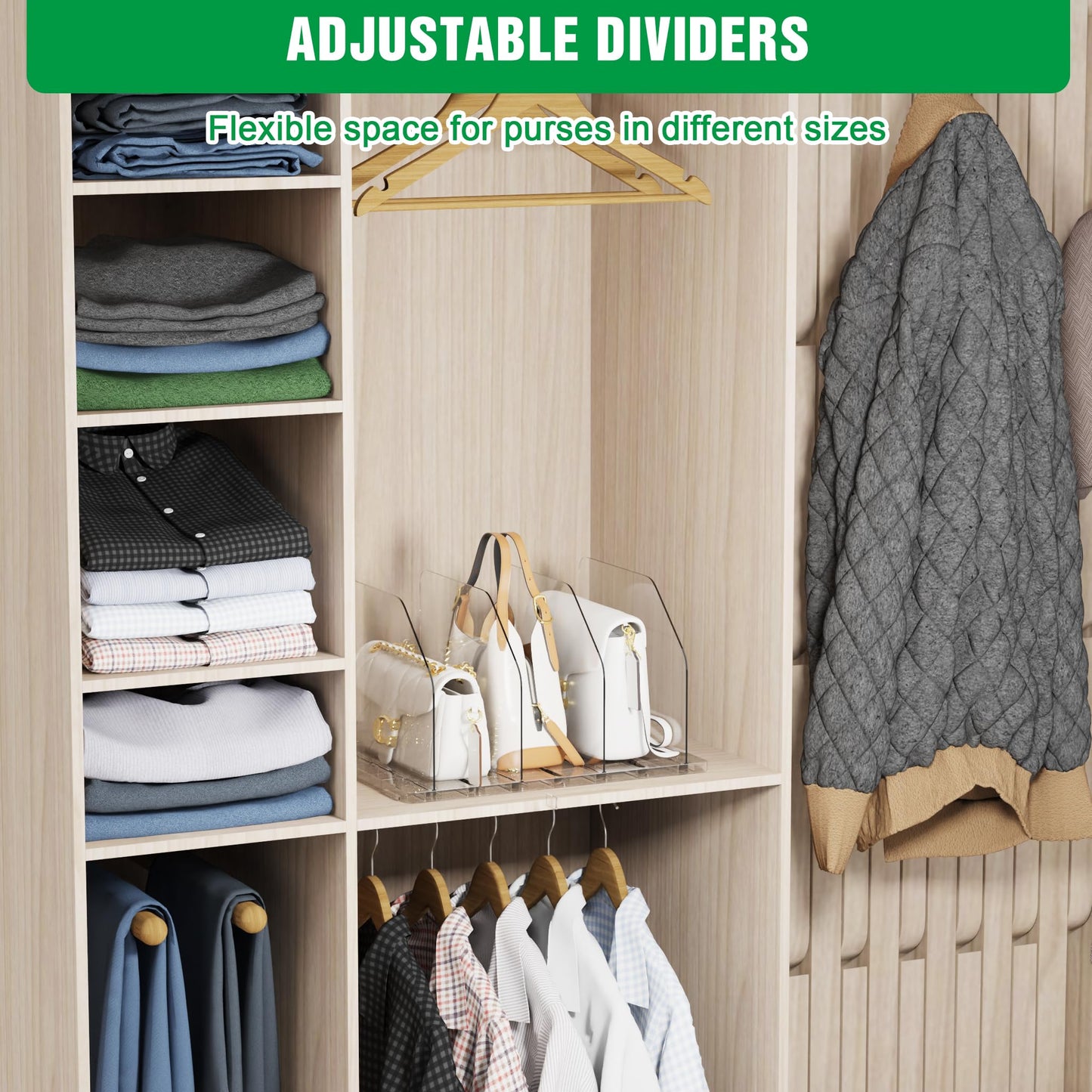DGFCK Bag & Purse Organizer for Closet, 2 Sets Adjustable Clear Handbag Storage Shelf, Plastic Clutch Dividers for Closet Organizers and Storage-Keep Purses upright (2 Sets)