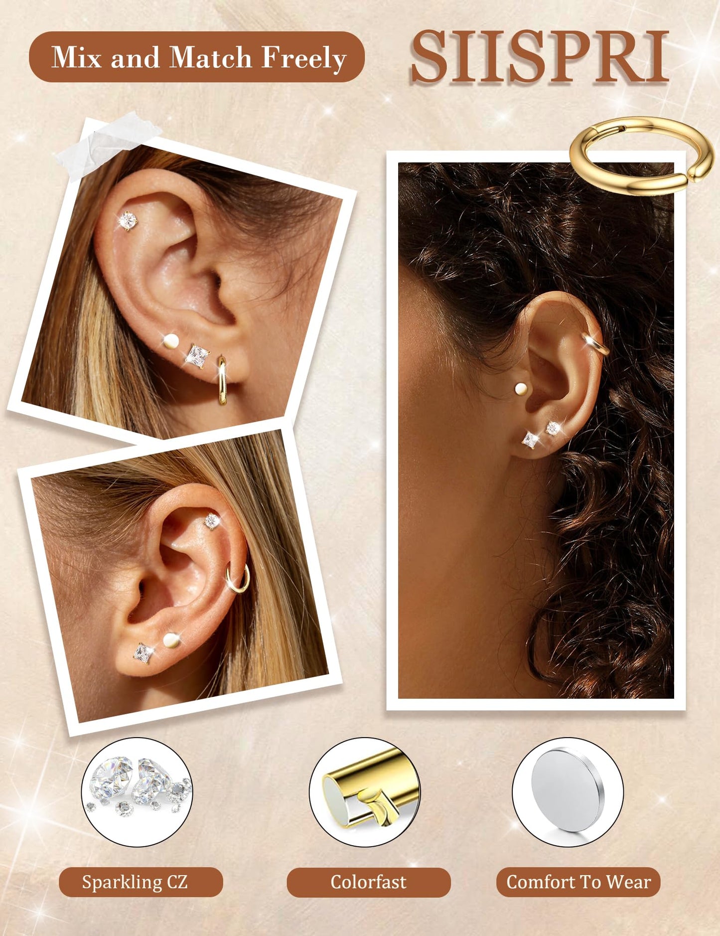 SIISPRI Magnetic Earrings for Men and Women,4 Pairs Clip on Earring Hypoallergenic Shiny Cubic Zirconia Stud Earrings Unisex Non Pierced Silver Ear Cuff Gold Fake Huggie Earrings Set (Gold)