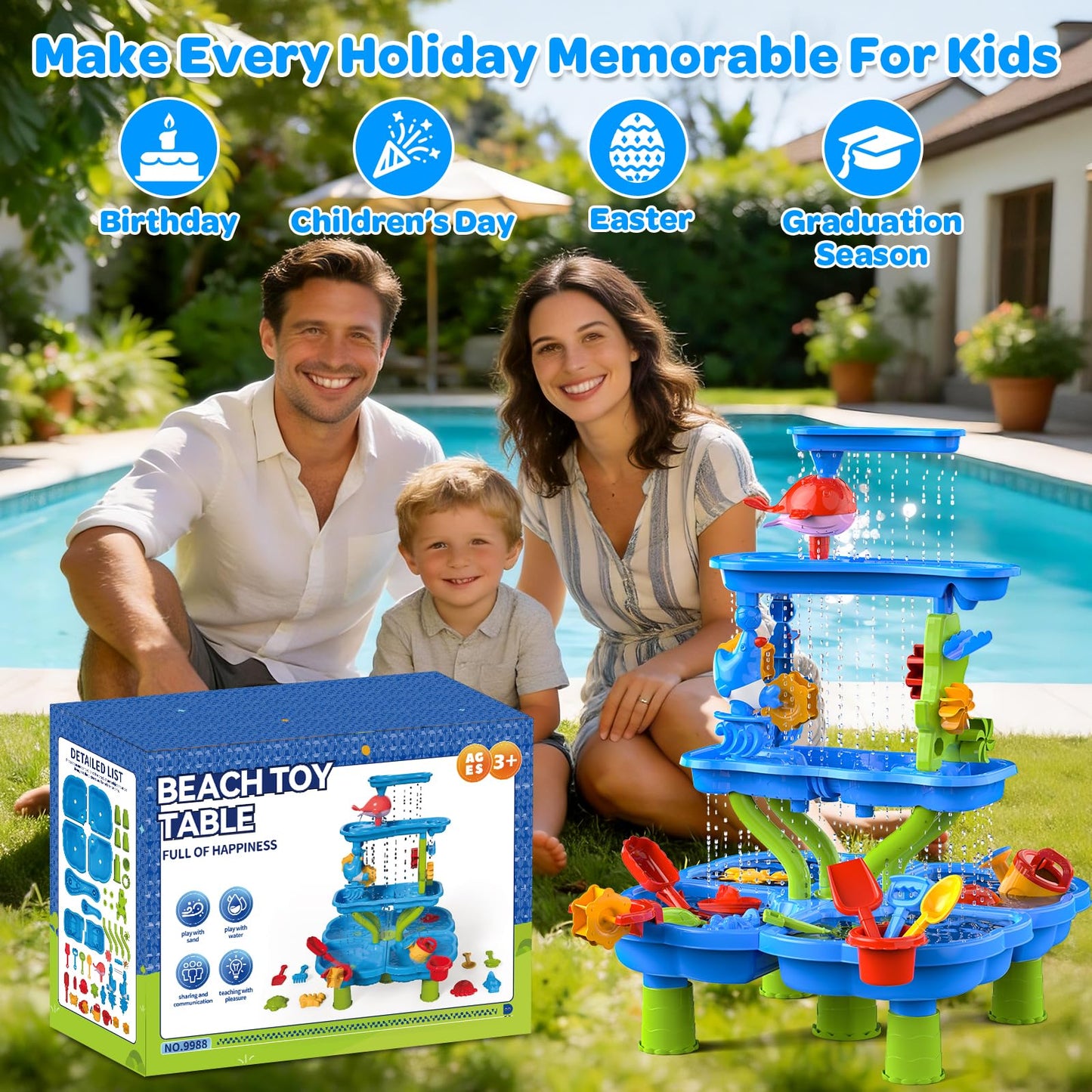 DUONIZAY Water Sand Table for Toddler Kids - 4-Tier Multifunctional Summer Toys,Outdoor Backyard Beach Playset with Stable Design,Sensory Learning Activity Game Gift for Boys Girls(Ocean Blue)