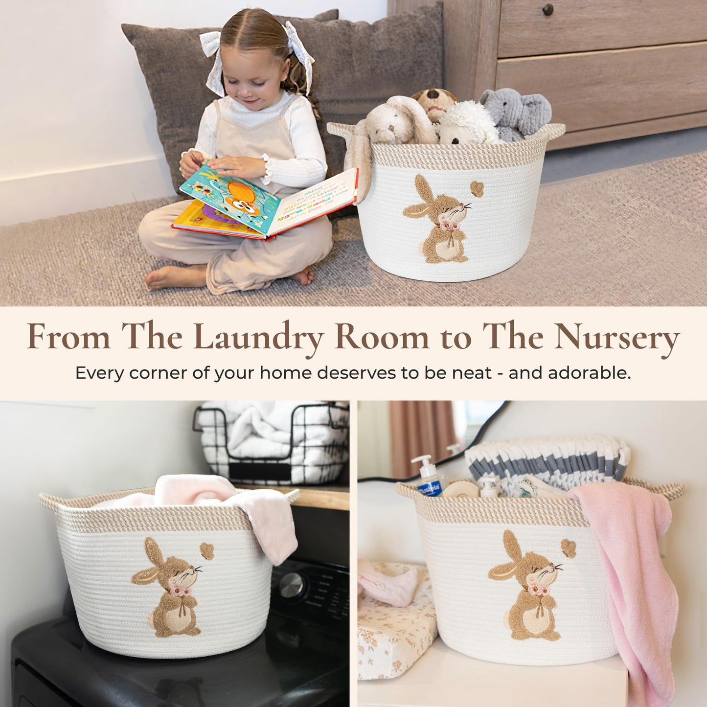 Bunny Storage Basket for Nursery – Large 15"x11" Cotton Rope Bin with Soft Embroidered Bunny Patch – Toy Organizer, Baby Laundry Hamper, Blanket & Diaper Holder – Foldable, Washable & Baby-Safe