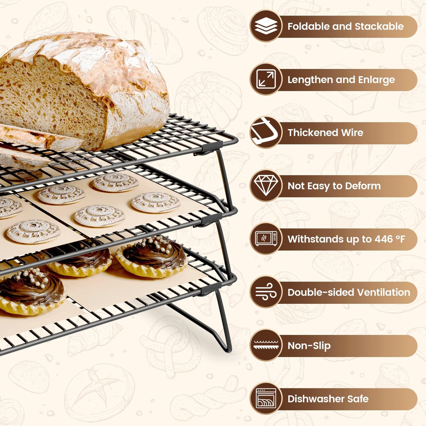 ZHIWUJIA 3 Layer Detachable Collapsible Cooling Racks, 17 * 11 Inch Cooling Wire Rack Stackable Drying Rack Cookie Rack Bread Cooling Rack