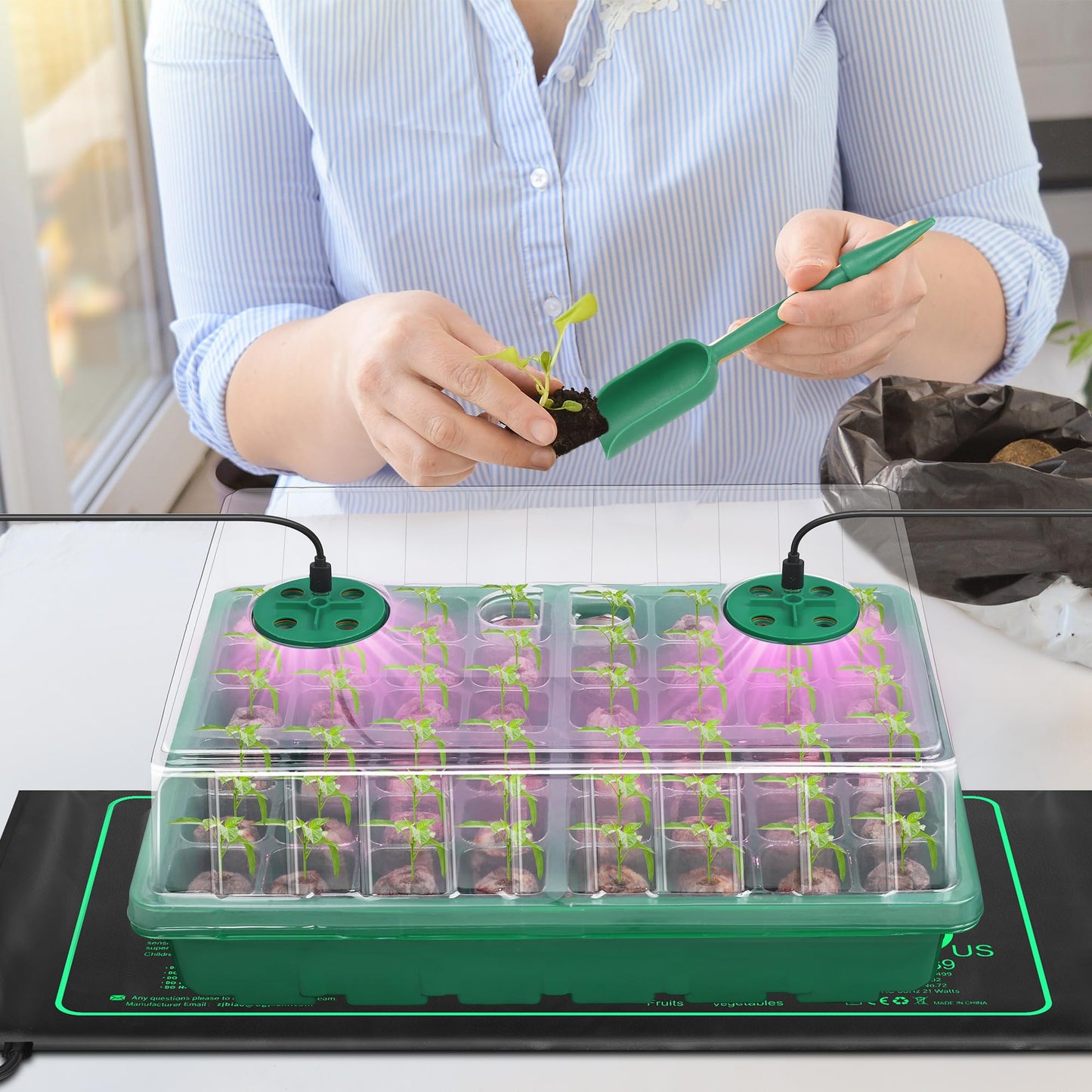 Hahood Seed Starter Kit with Grow Light Seedling Heat Mat 48 Cells Seed Starter Tray with Humidity Dome and Base Germination Trays Plastic Growing Trays Plant Propagation Kit for Seed Starting, Green