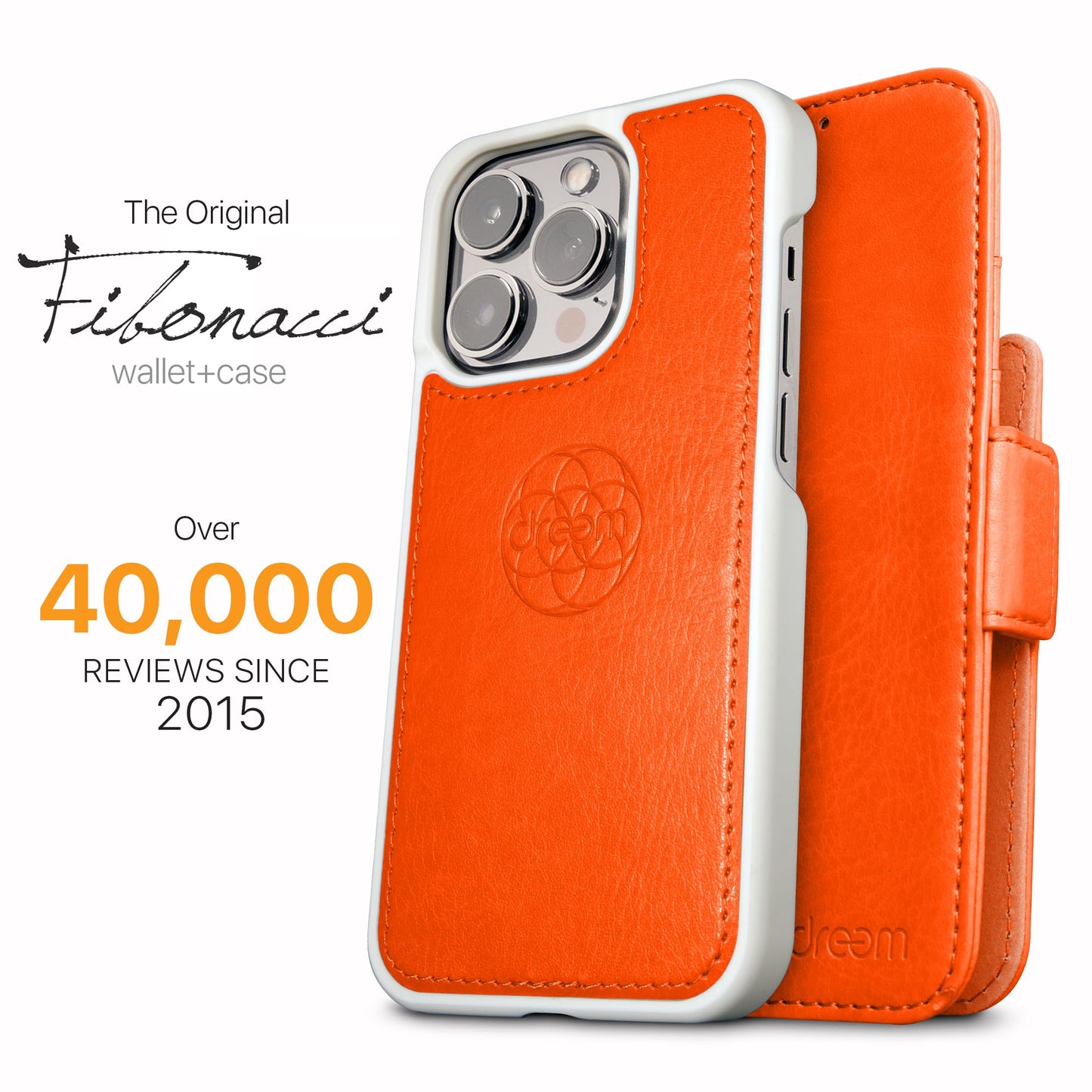 Dreem Wallet Case for iPhone 14 Plus, 2 Way Phone Stand, Magnetic Detachable Vegan Leather Flip Cover RFID Blocking Card Holder, MagSafe-Fit, Gift Box [Fibonacci: Orange]