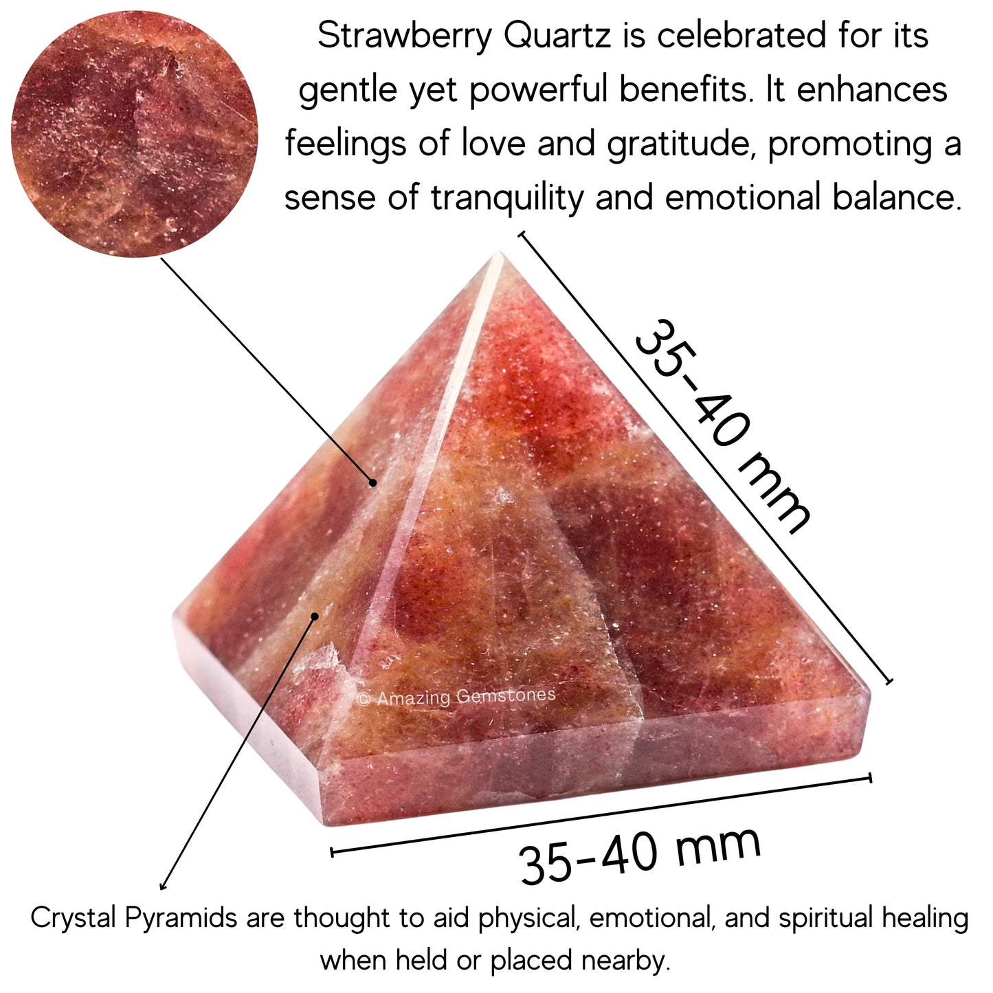 Amazing Gemstone Strawberry Quartz Pyramid Crystal Healing Stones - 1.5" Great Pyramid Figurine of Natural Stone Pyramid for Meditation, Reiki, Chakra Balancing and Crystal Pyramids Grid