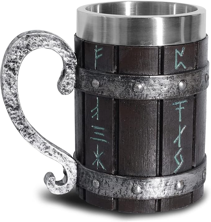 Nordic Viking Rune Beer Mug, Resin Beer Stein Tankard Cup Stainless Steel Wooden Coffee Cool Mug Viking Gift for Men Beer Cup Stein