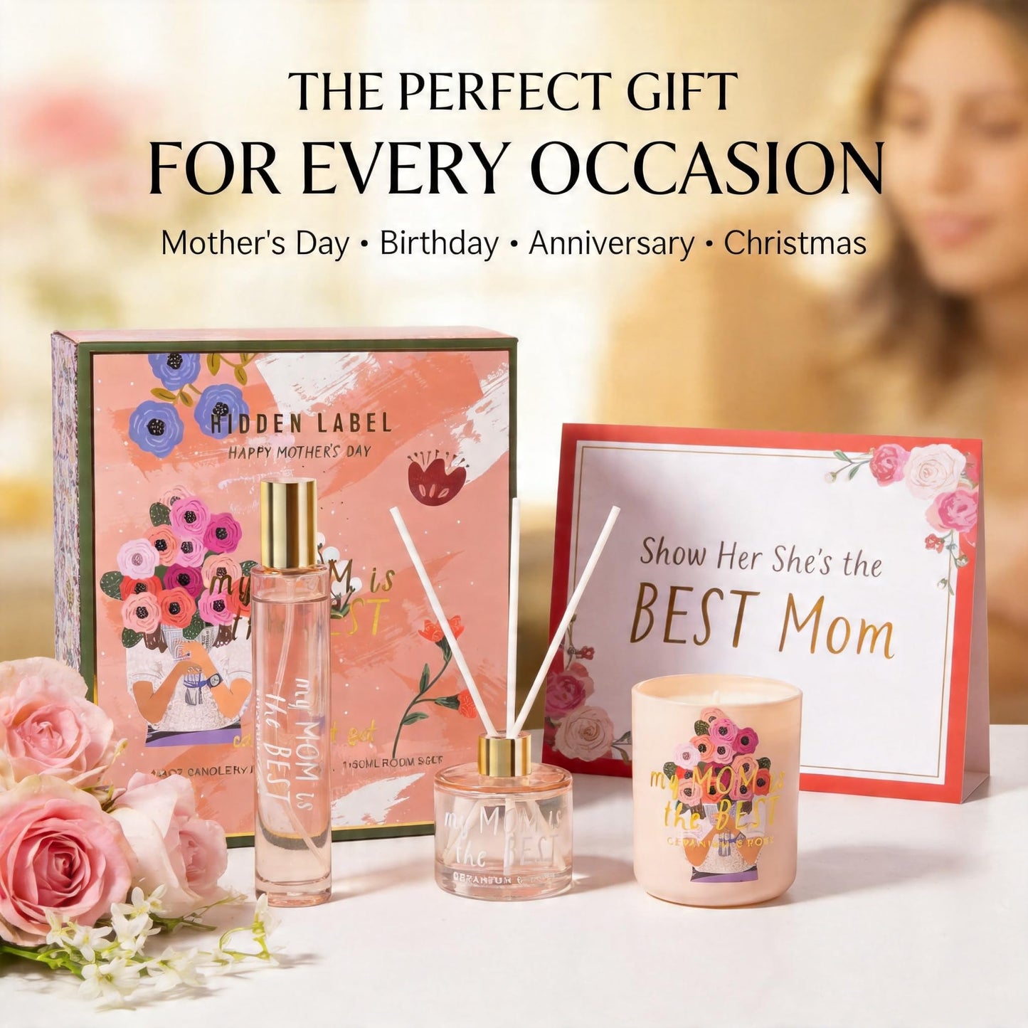Hidden Label Soy Candle Set: Geranium & Rose 'Best Mom' Gift with Reed Diffuser & Room Spray
