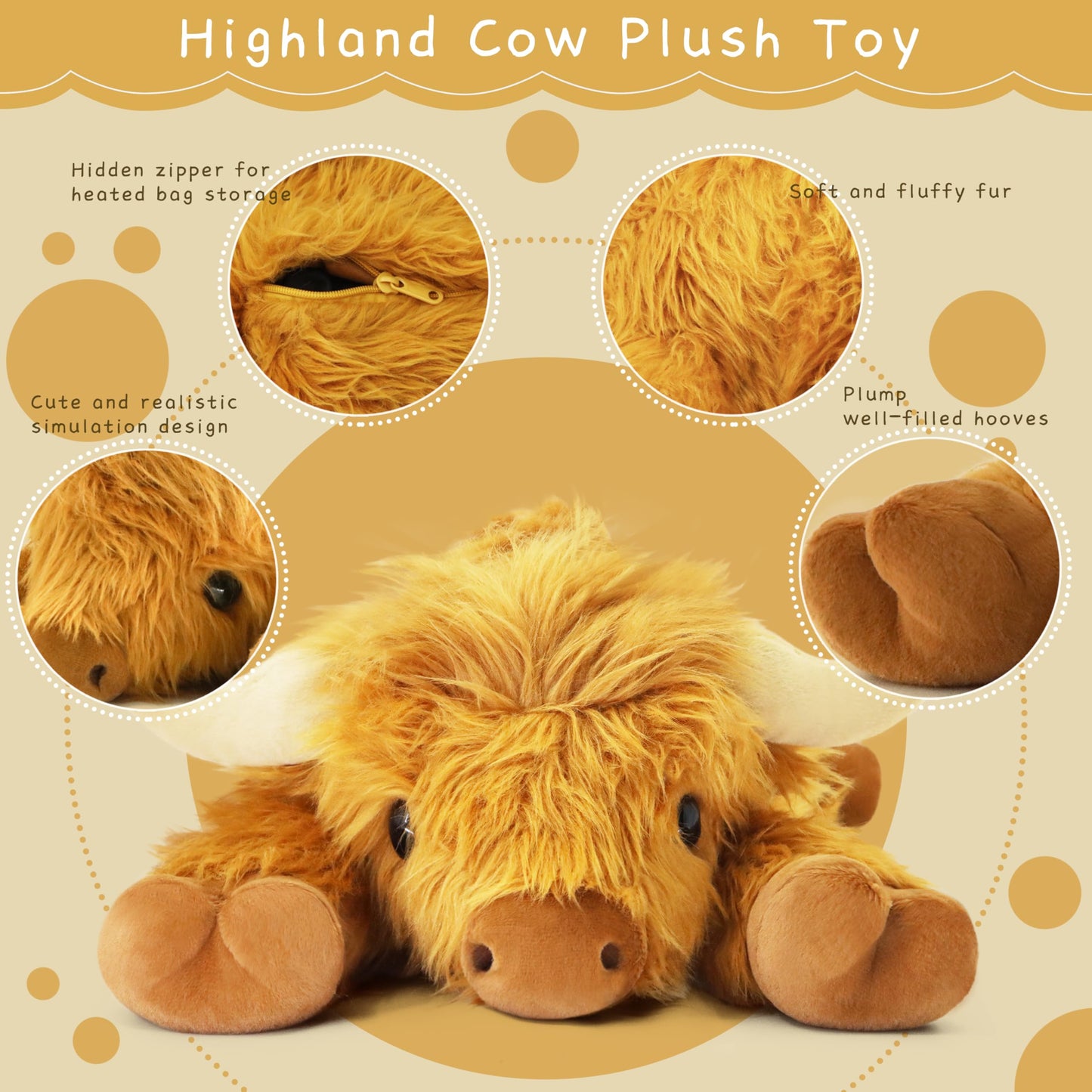 Highland Cow Plush Toy, 4-Pound Weighted Stuffed Animal, Microwaveable and Coolable - Suitable for Boys and Girls (Brown)