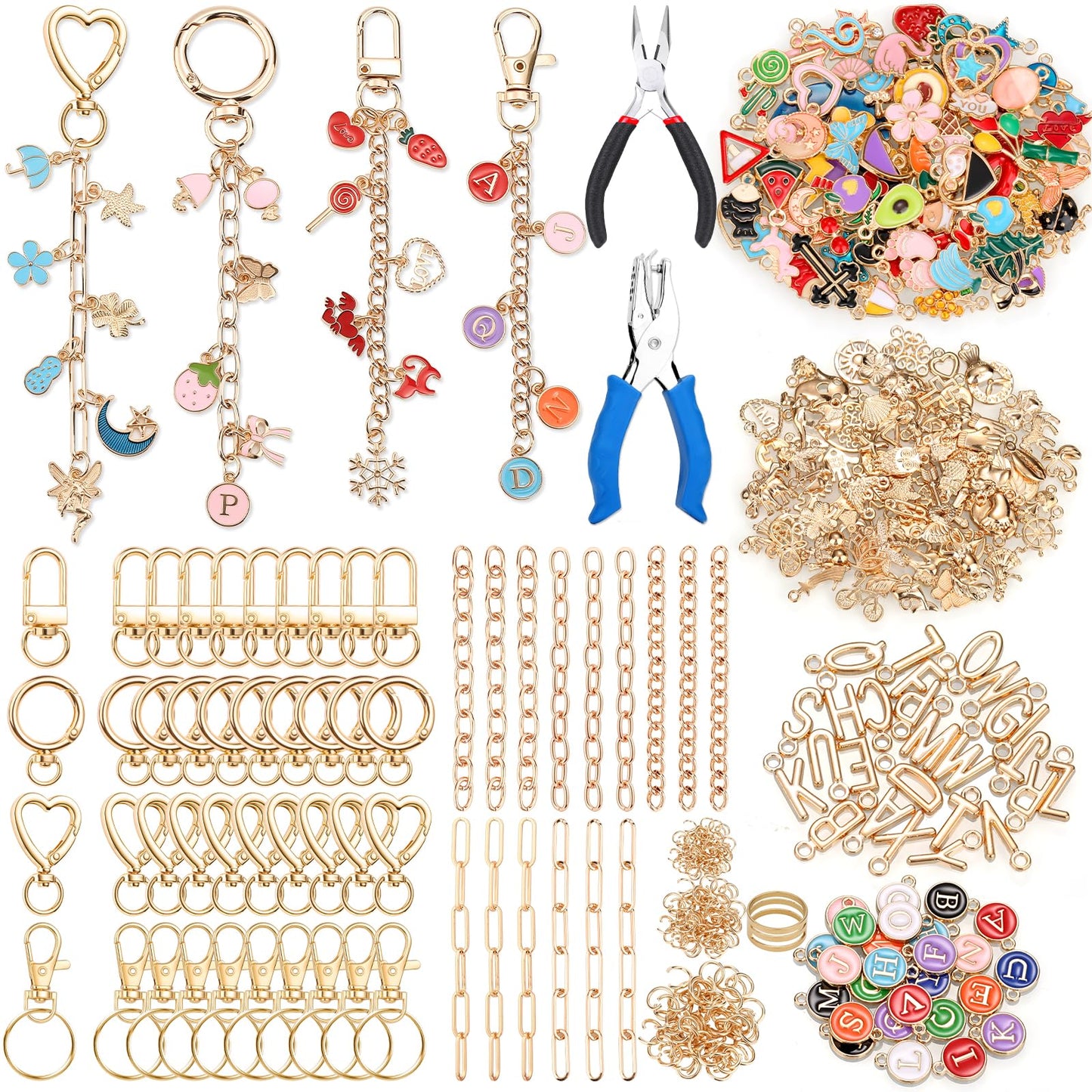 485 Pcs Charms Lip Gloss Keychain Making Kit, DIY Bag Charm Kit Including 40 Key Chain Hooks 30 Extender Chains 212 Gold Charms & Letter 200 Jump Rings 1 Plier and 1 Puncher for Craft Supplies