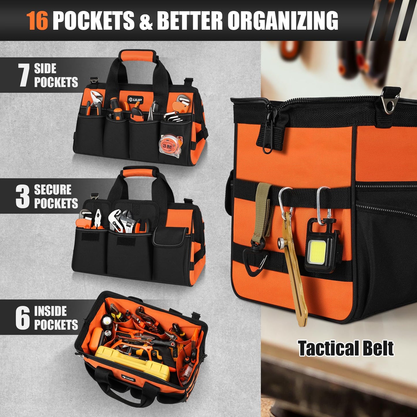 UUP Heavy Duty Tool Bag 15-Inch, 16-Pocket Portable Soft Tool Box Organizer Storage, Handle Tactical Carry Tote Empty Toolbox with Large Zipper, Father Day Dad Men Gift for Mechanic Engineer, Orange