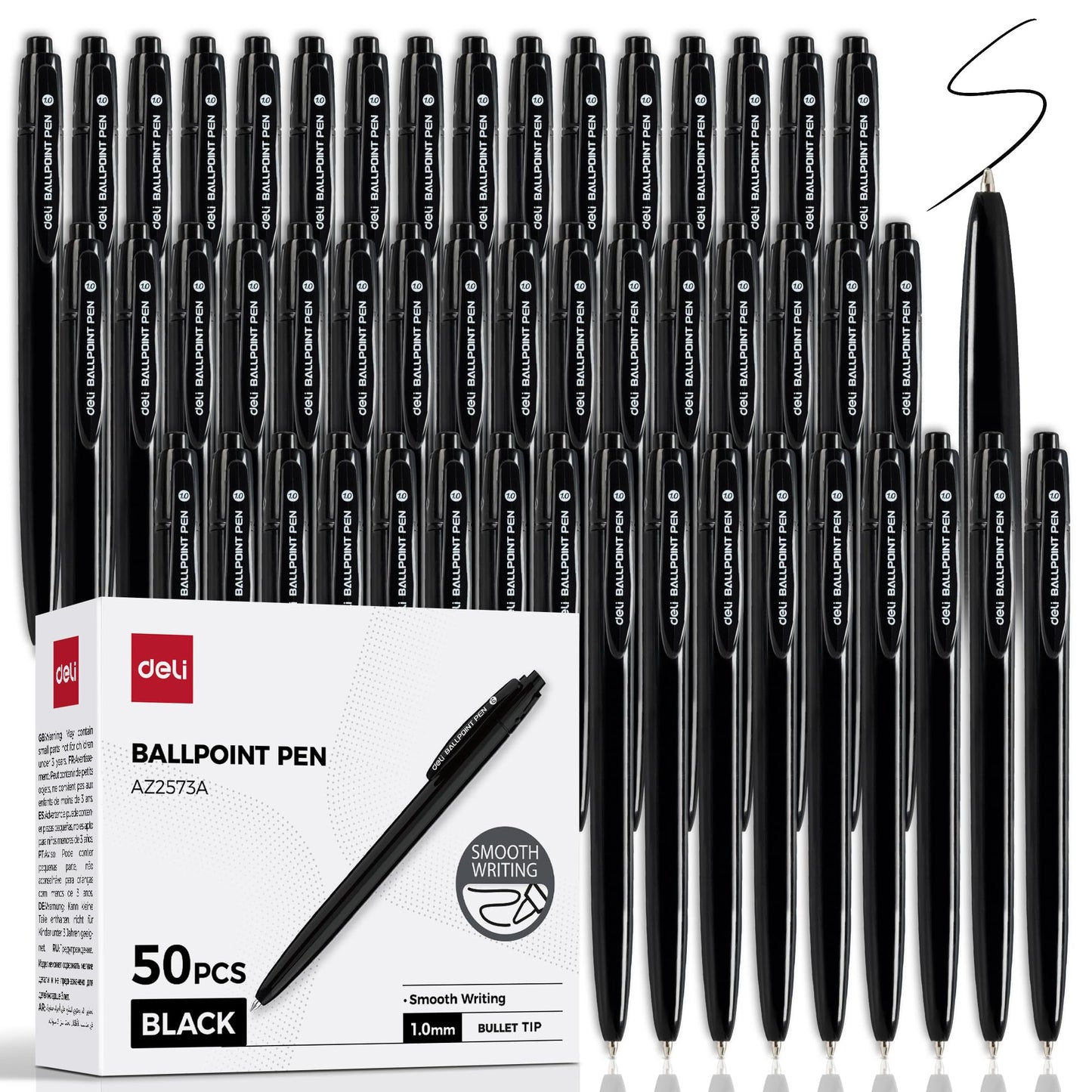 deli Pens Bulk, 50 Pack Retractable Ballpoint Pens, 1.0MM Black Ink,Smooth Writing, No Bleed, Comfortable Grip for Home,Office & School Use