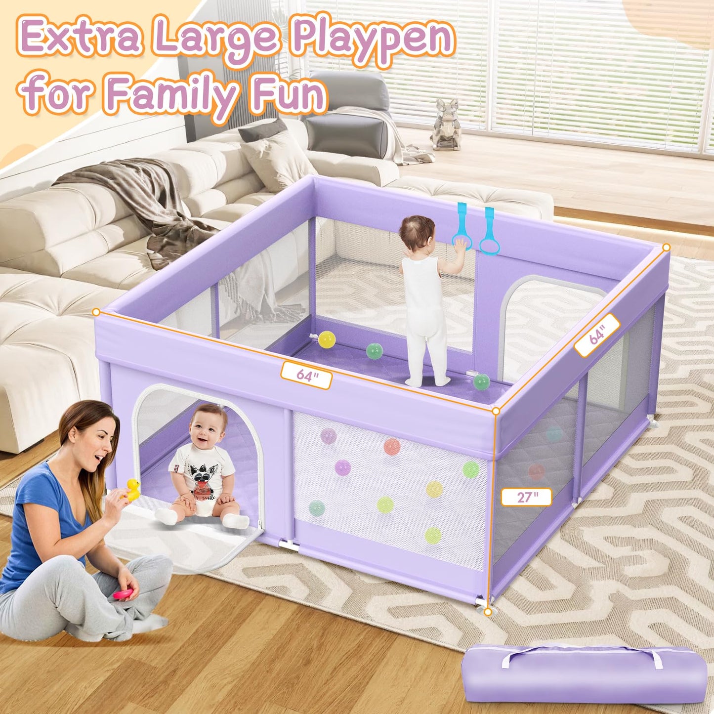 Baby Playpen with Mat 64"x64" - Playpen for Babies and Toddlers with Mat for Apartment - Play Yard with mat Included - Soft Breathable Mesh - All-Wrapped Sponge Play Pen with Handle & Bag (Purple)