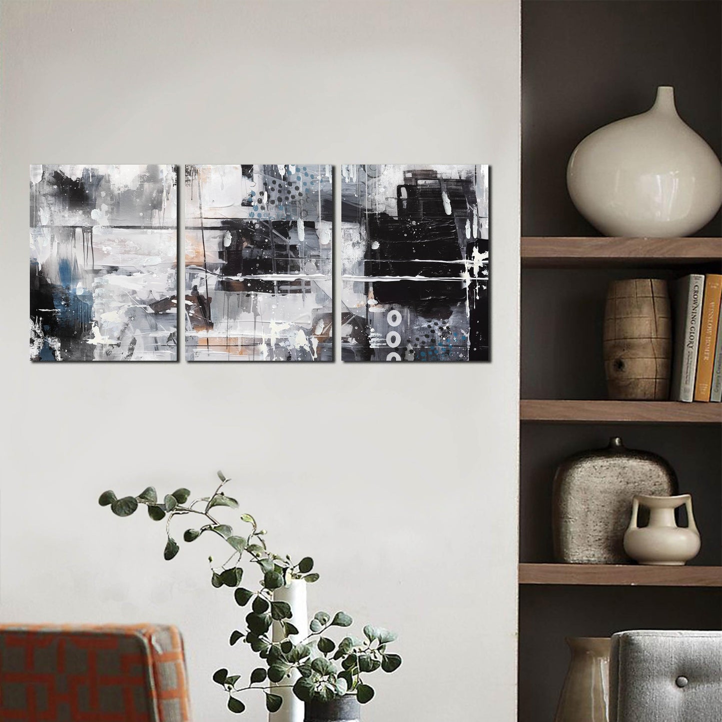 HUBOSKN Abstract Wall Art for Living Room - Modern Black and White Wall Art for Bedroom - Home Office Wall Decor Size 12" x 16" x 3 Piece
