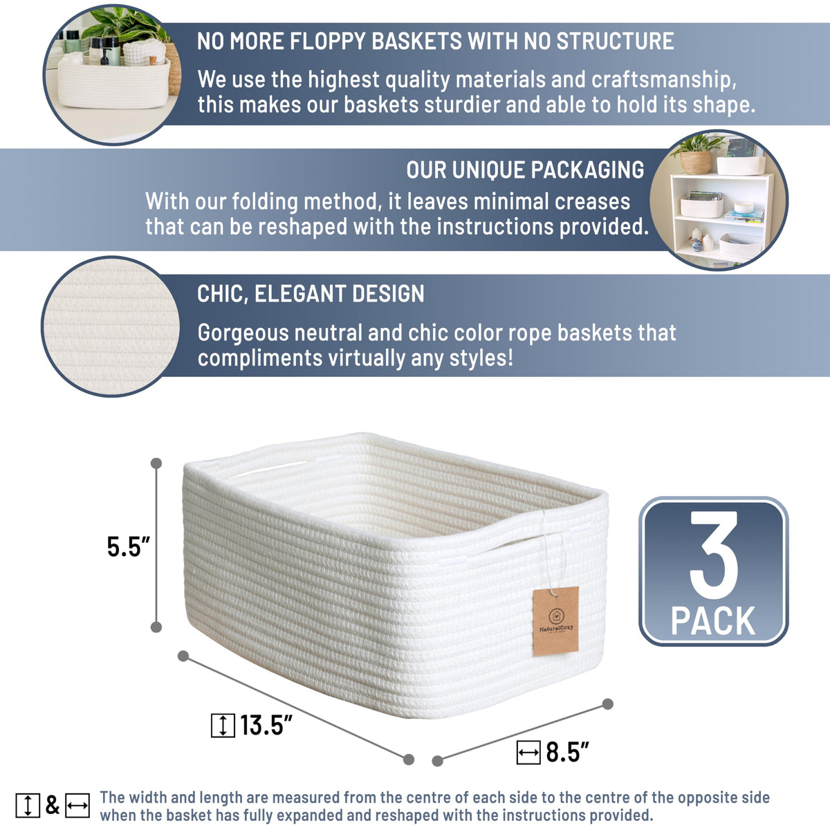 13.5”x8.5”x5.5” Storage Baskets for Shelves 3 Pack (3 Count)
