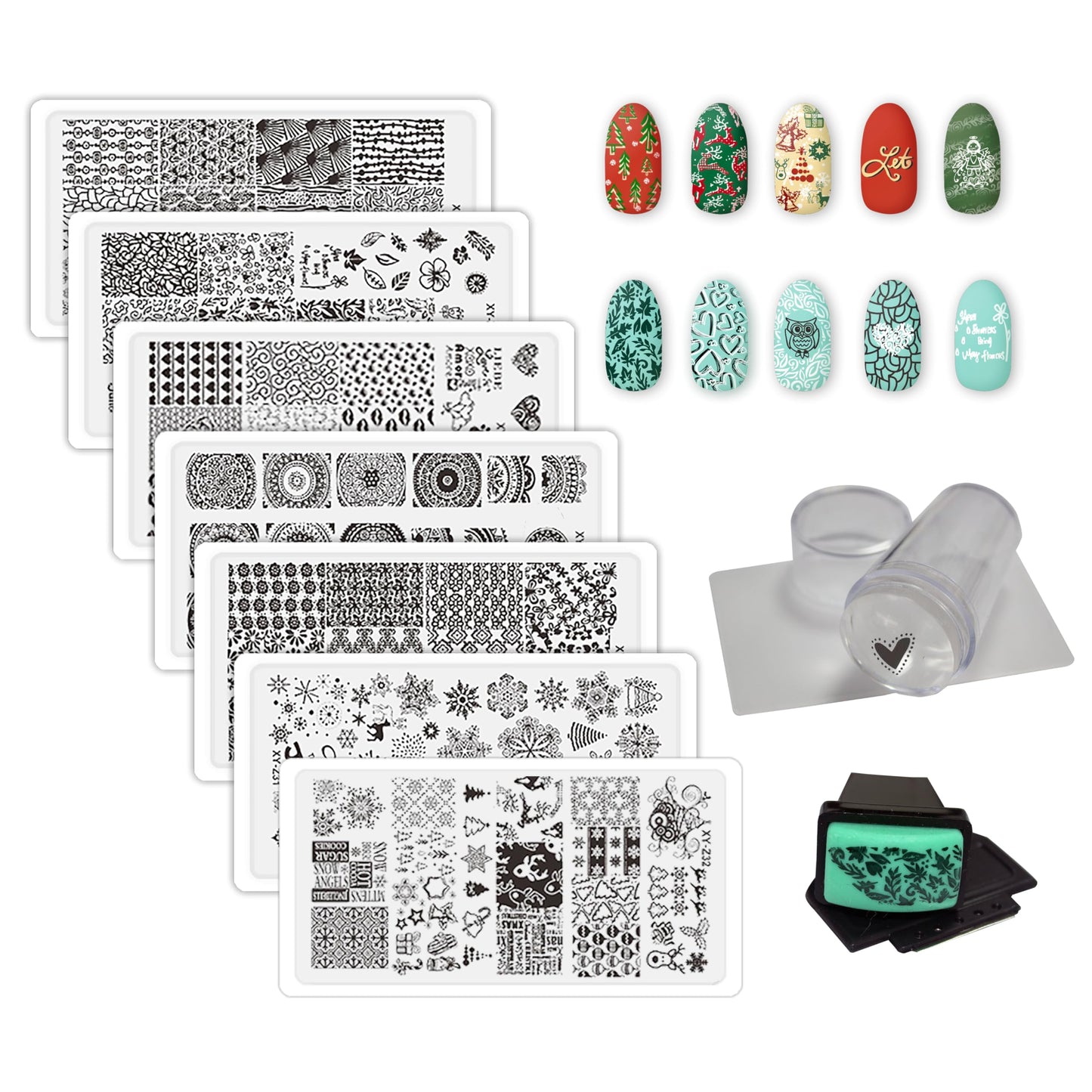 Beauty Leader Nail Art Stamping Template Mix Design 7Pcs Image Plates with White Plastic Plate Holder+1 Pcs Square Rubber Stamper DIY Nail Art Image Stamp Plate(26-32)