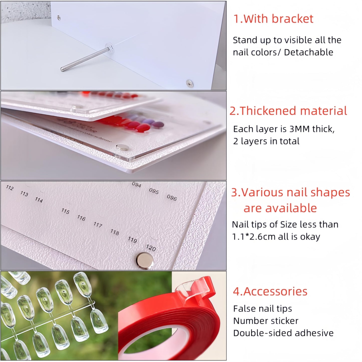 Acycoin2A 120 Nail Color Display Board Nail Art Sample Chart Acrylic Gel Polish Rack Colors Showing Shelf with False Nail Tips and Number Sticker